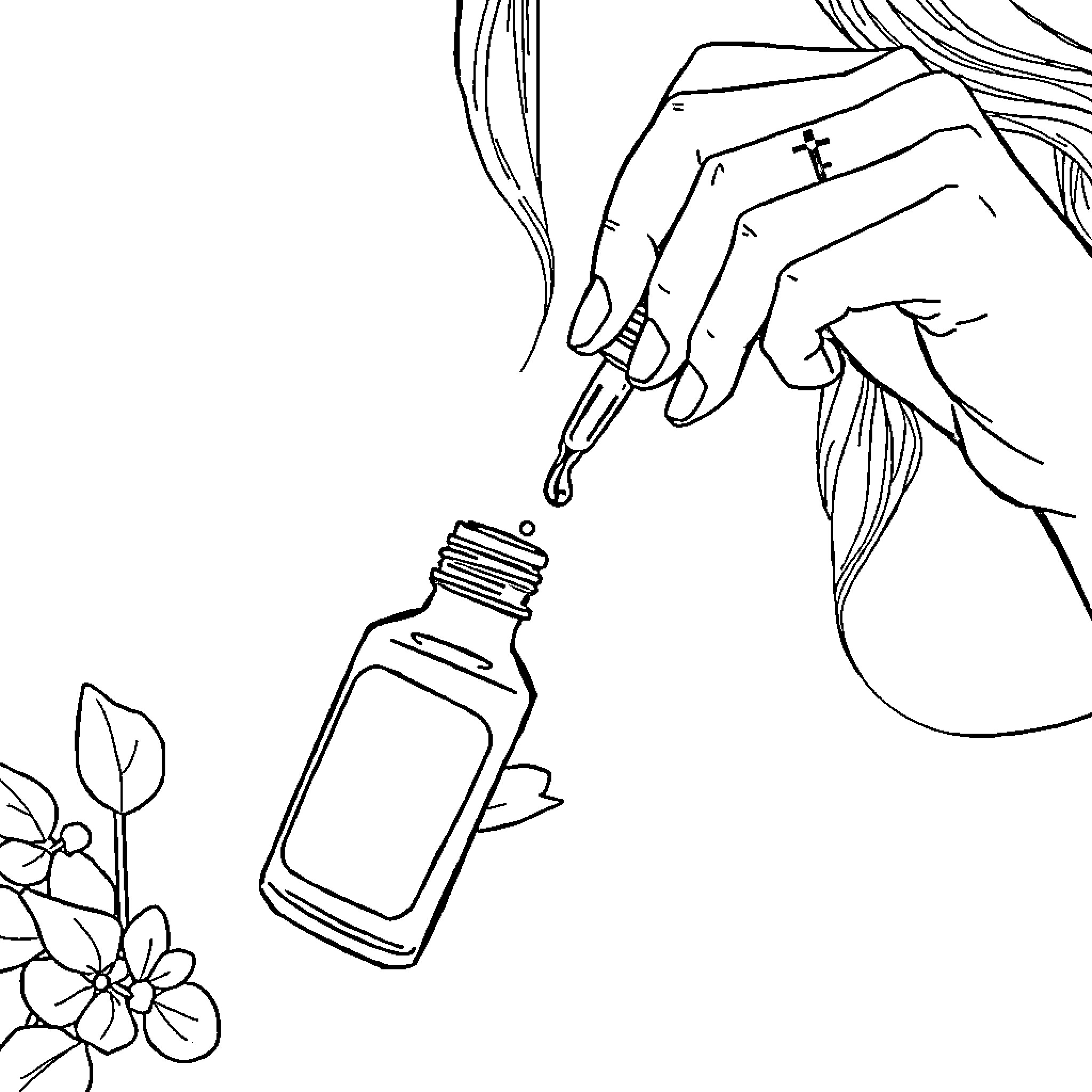 Woman applying essential oil in her hand Coloring Page (free black-and-white line drawing printable PDF for all, from beginners to advanced learners, including children, teens, adults, and seniors)