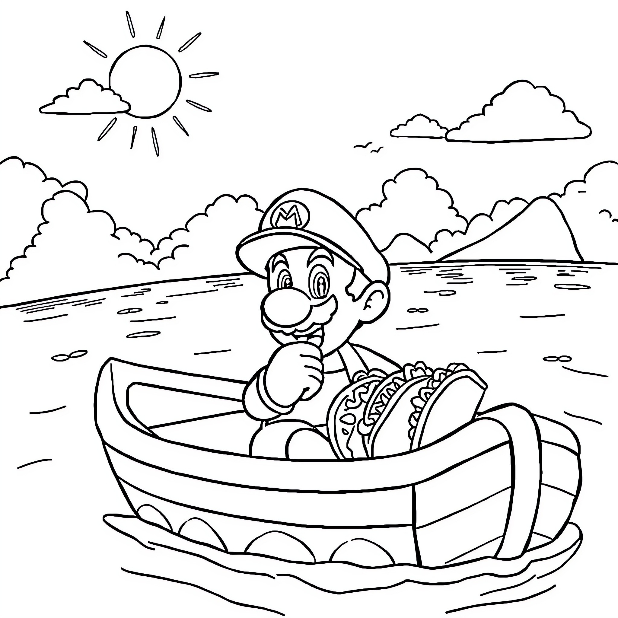 Mario boating in the scenic landscape Coloring Page (free black-and-white line drawing printable PDF for all, from beginners to advanced learners, including children, teens, adults, and seniors)