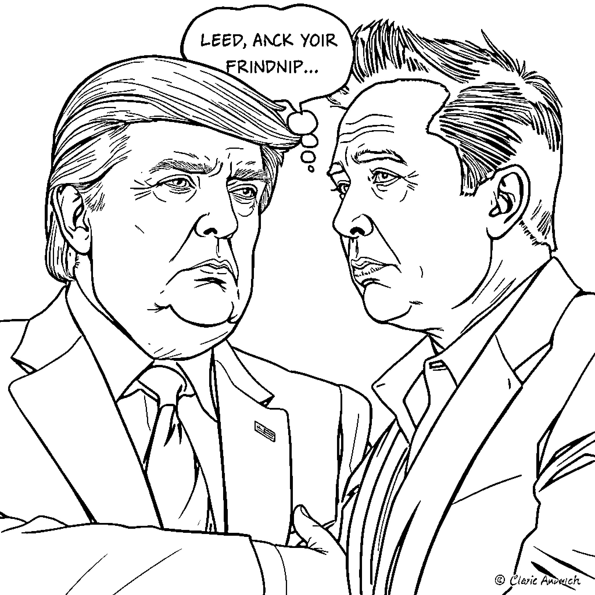 Donald Trump angrily confronting another person in suits Coloring Page (free black-and-white line drawing printable PDF for all, from beginners to advanced learners, including children, teens, adults, and seniors)