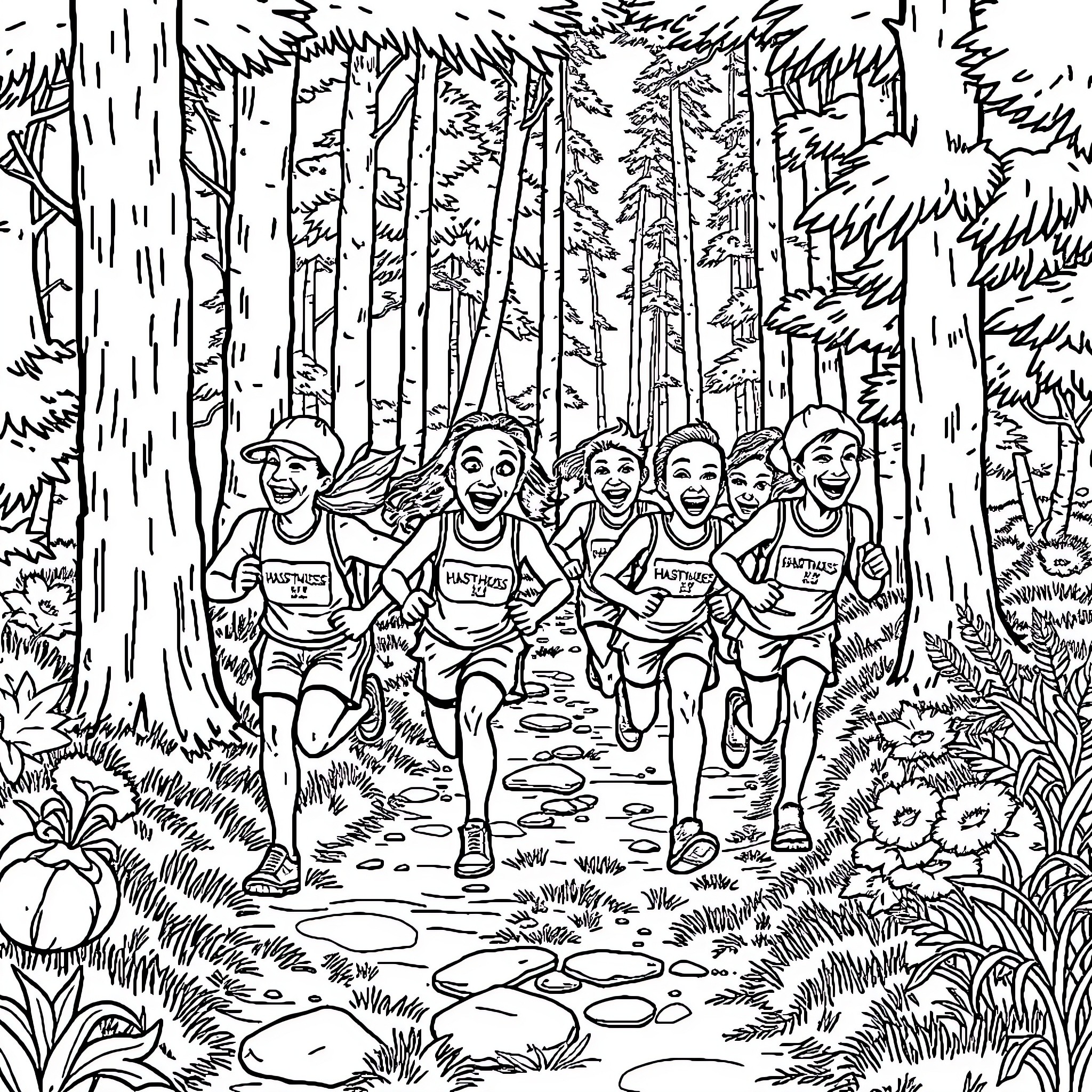 Hash House Harrier group running through the forest Coloring Page (free black-and-white line drawing printable PDF for all, from beginners to advanced learners, including children, teens, adults, and seniors)