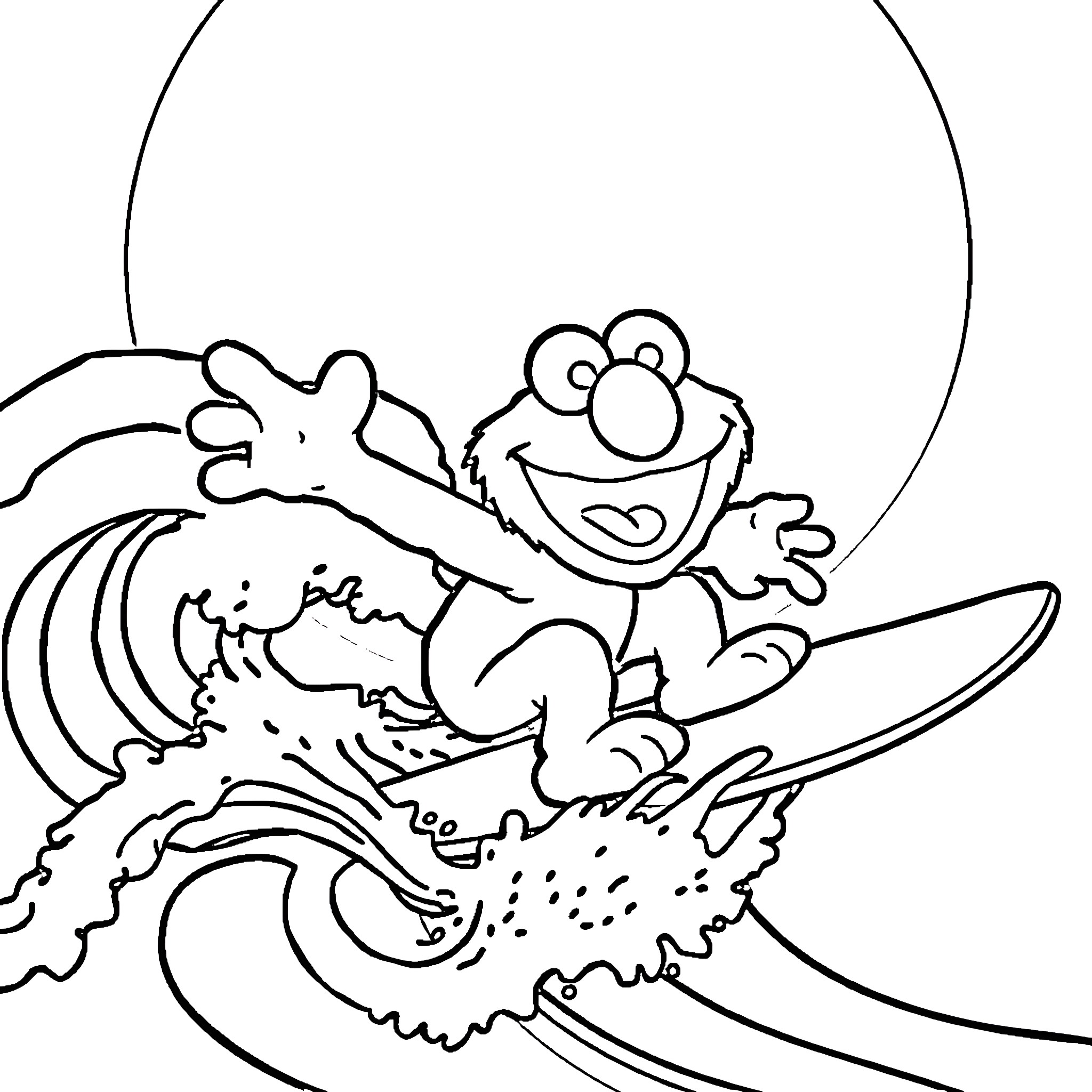 Elmo surfing excitedly on a giant wave Coloring Page (free black-and-white line drawing printable PDF for all, from beginners to advanced learners, including children, teens, adults, and seniors)