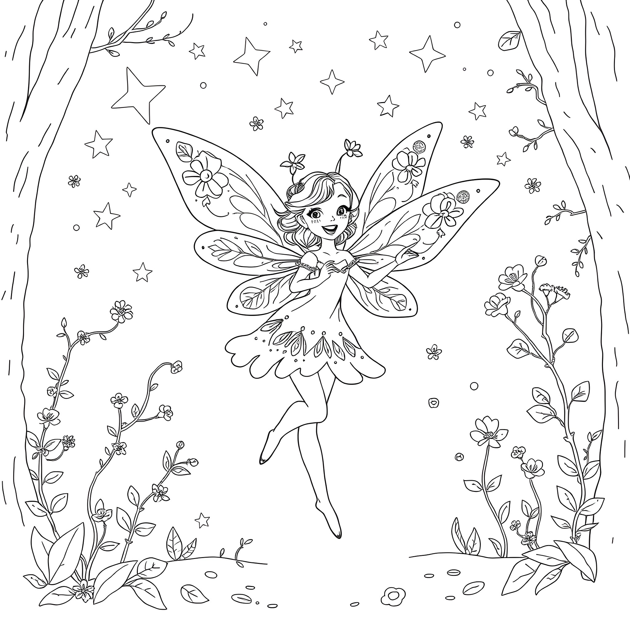 Fairy playing in the starry night forest Coloring Page (free black-and-white line drawing printable PDF for all, from beginners to advanced learners, including children, teens, adults, and seniors)