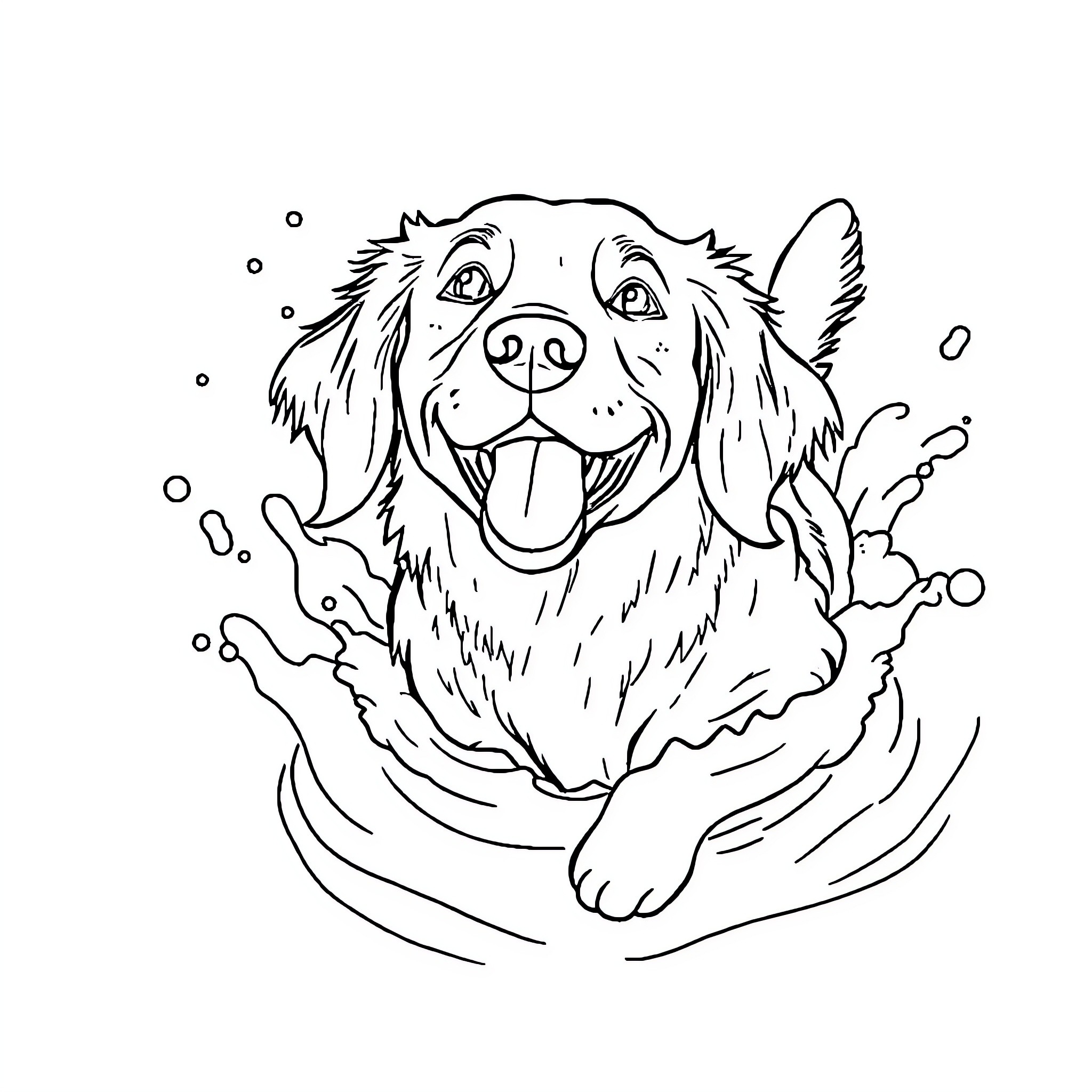 Golden Retriever playing happily in water Coloring Page (free black-and-white line drawing printable PDF for all, from beginners to advanced learners, including children, teens, adults, and seniors)