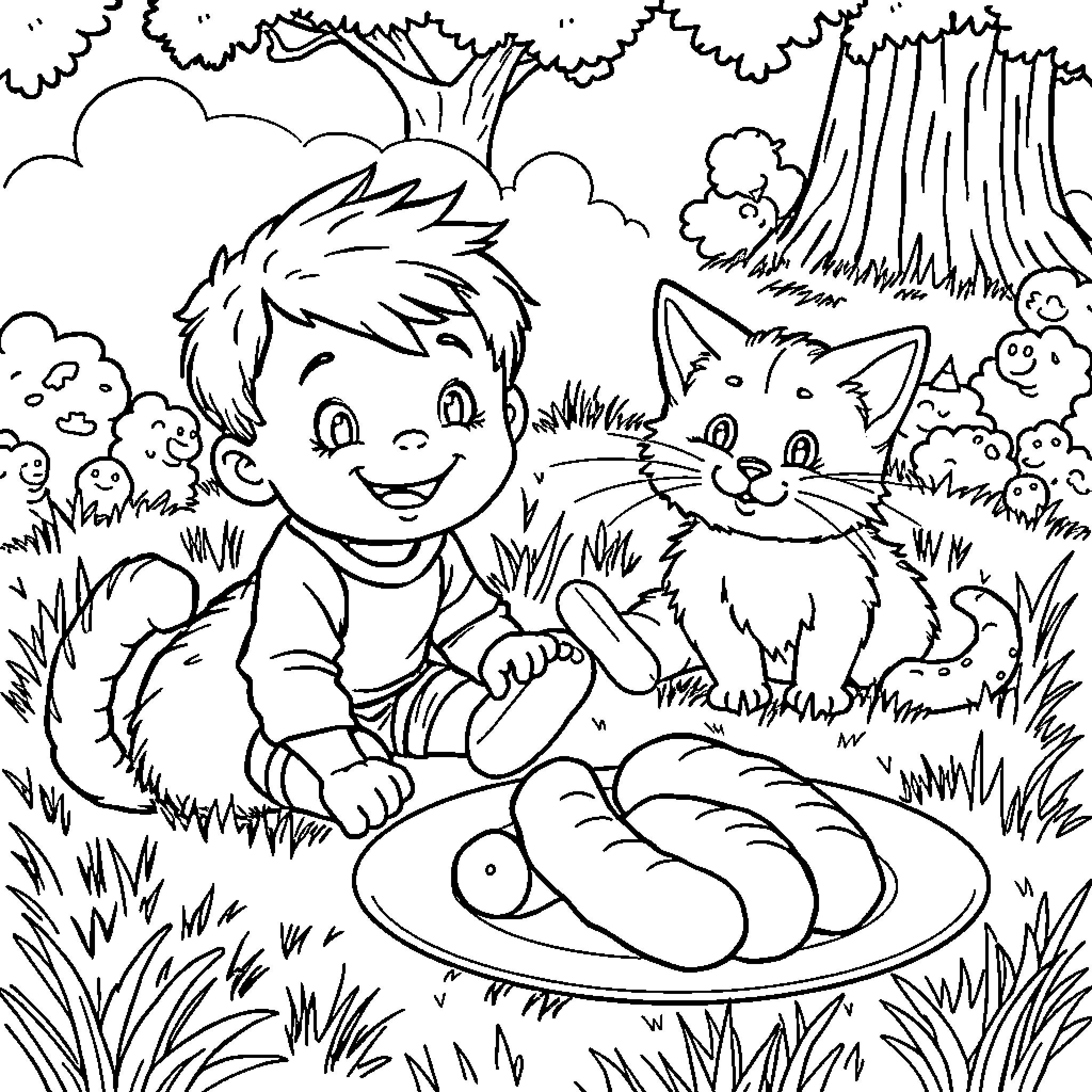 Boy playing in nature with friendly cat Coloring Page (free black-and-white line drawing printable PDF for all, from beginners to advanced learners, including children, teens, adults, and seniors)