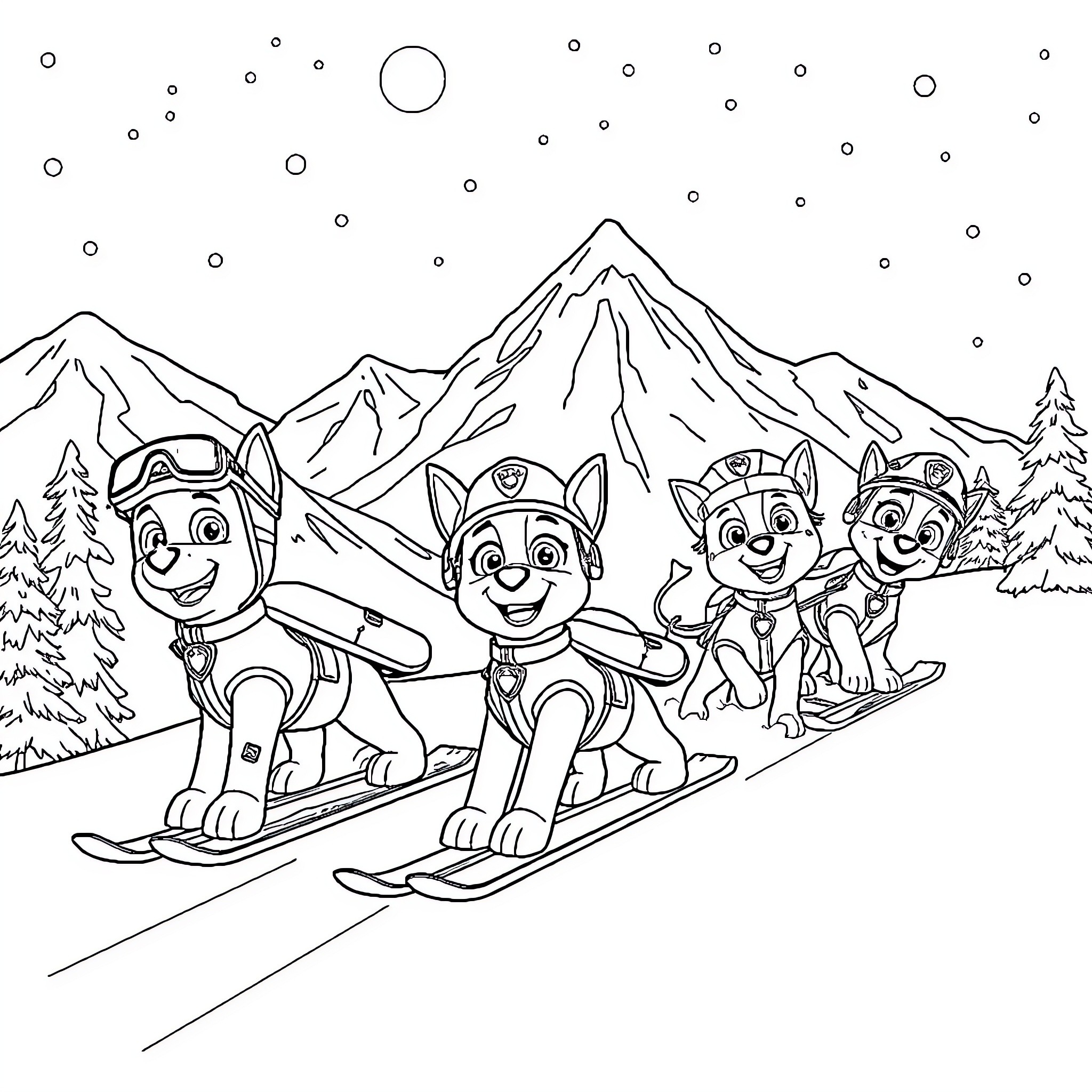 Paw Patrol Pups Skiing Down Snowy Mountain Coloring Page (free black-and-white line drawing printable PDF for all, from beginners to advanced learners, including children, teens, adults, and seniors)