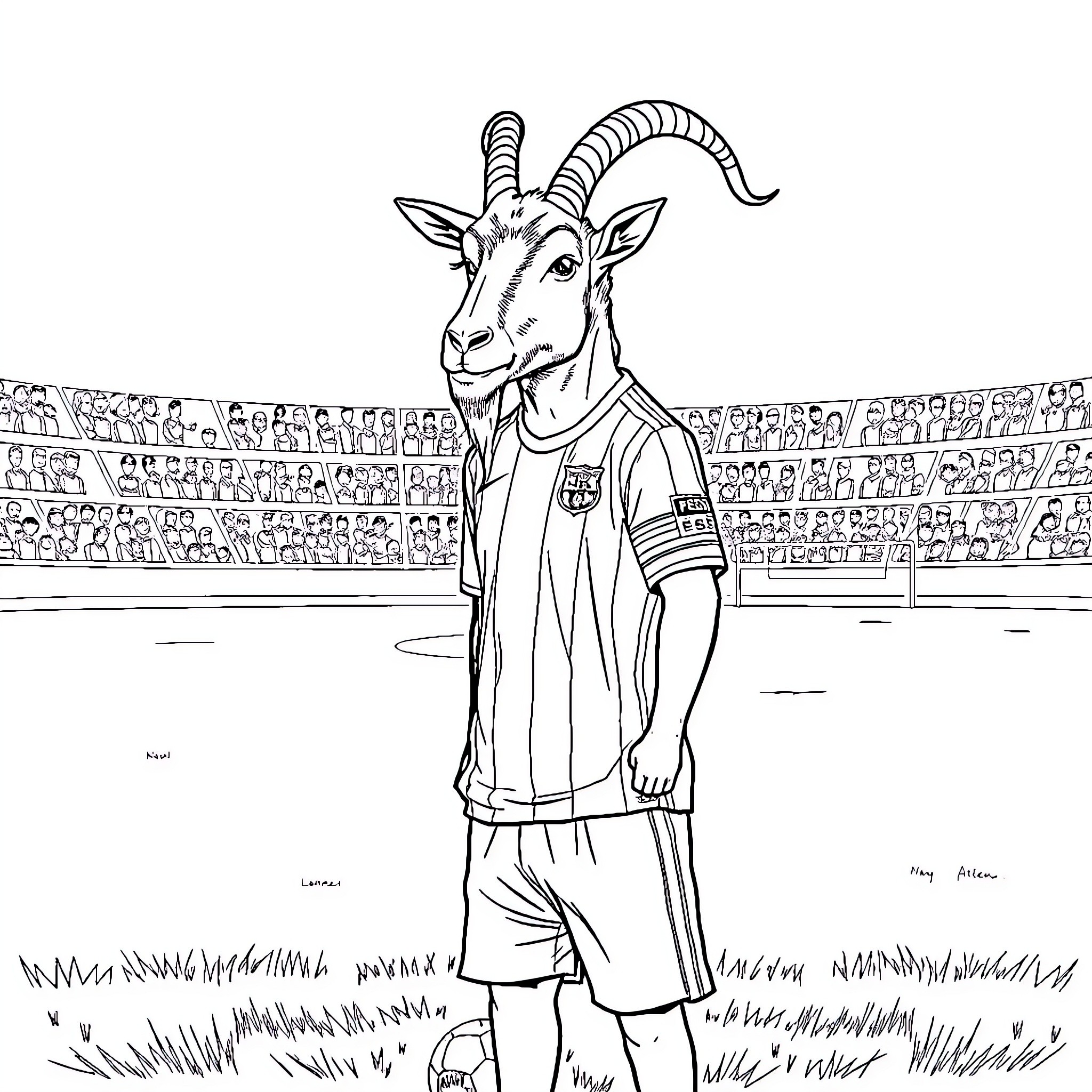 Messi goat-headed footballer on the field Coloring Page (free black-and-white line drawing printable PDF for all, from beginners to advanced learners, including children, teens, adults, and seniors)