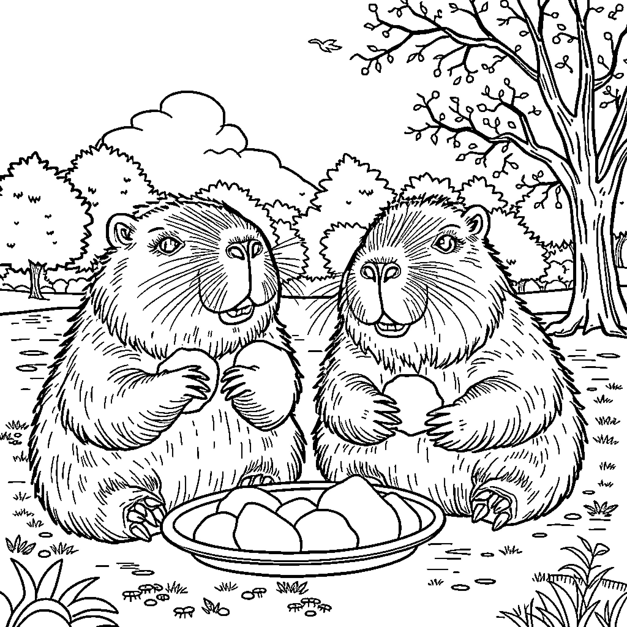 Capybara friends enjoying snacks in the wilderness Coloring Page (free black-and-white line drawing printable PDF for all, from beginners to advanced learners, including children, teens, adults, and seniors)