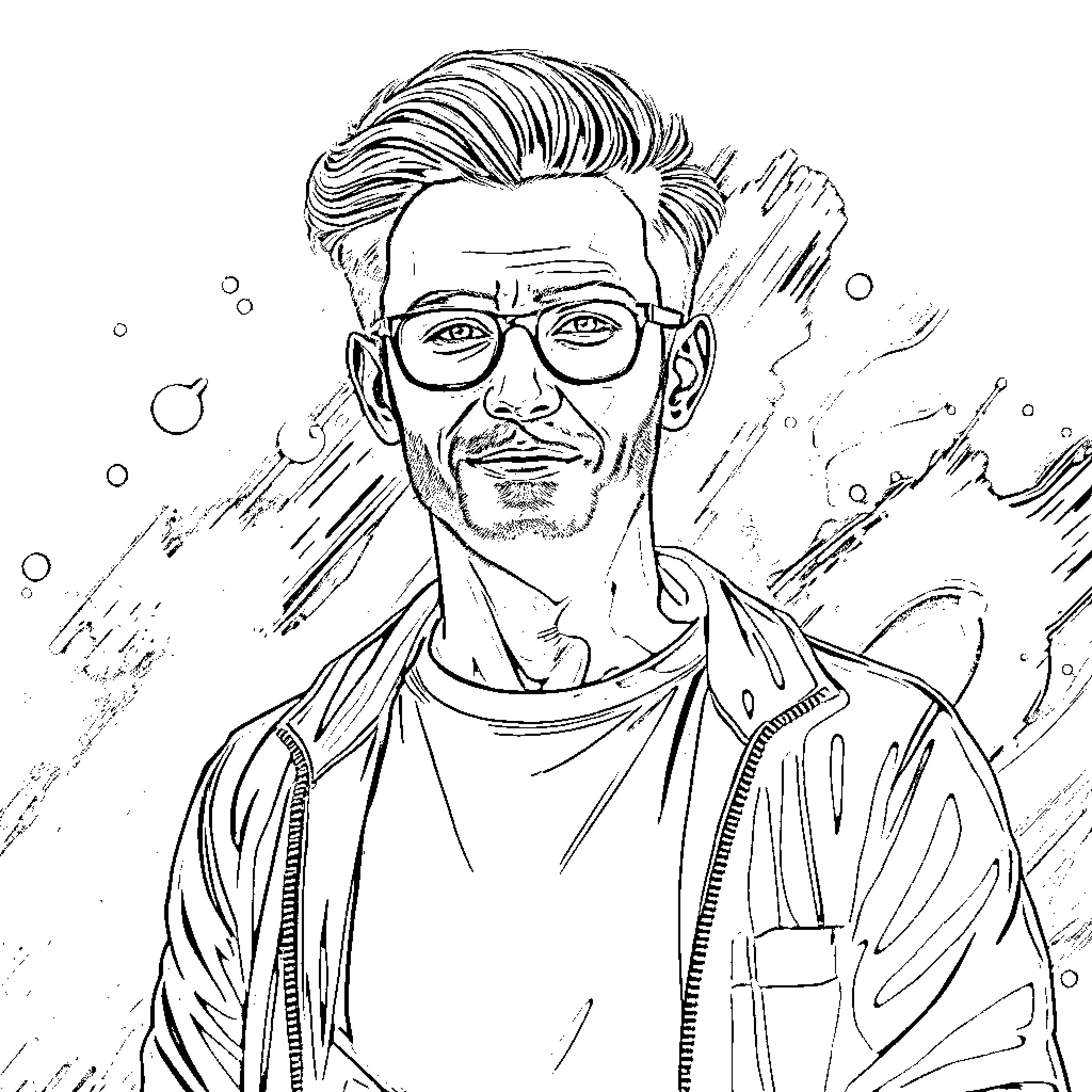 Artist sketches man with glasses and windblown hair Coloring Page (free black-and-white line drawing printable PDF for all, from beginners to advanced learners, including children, teens, adults, and seniors)