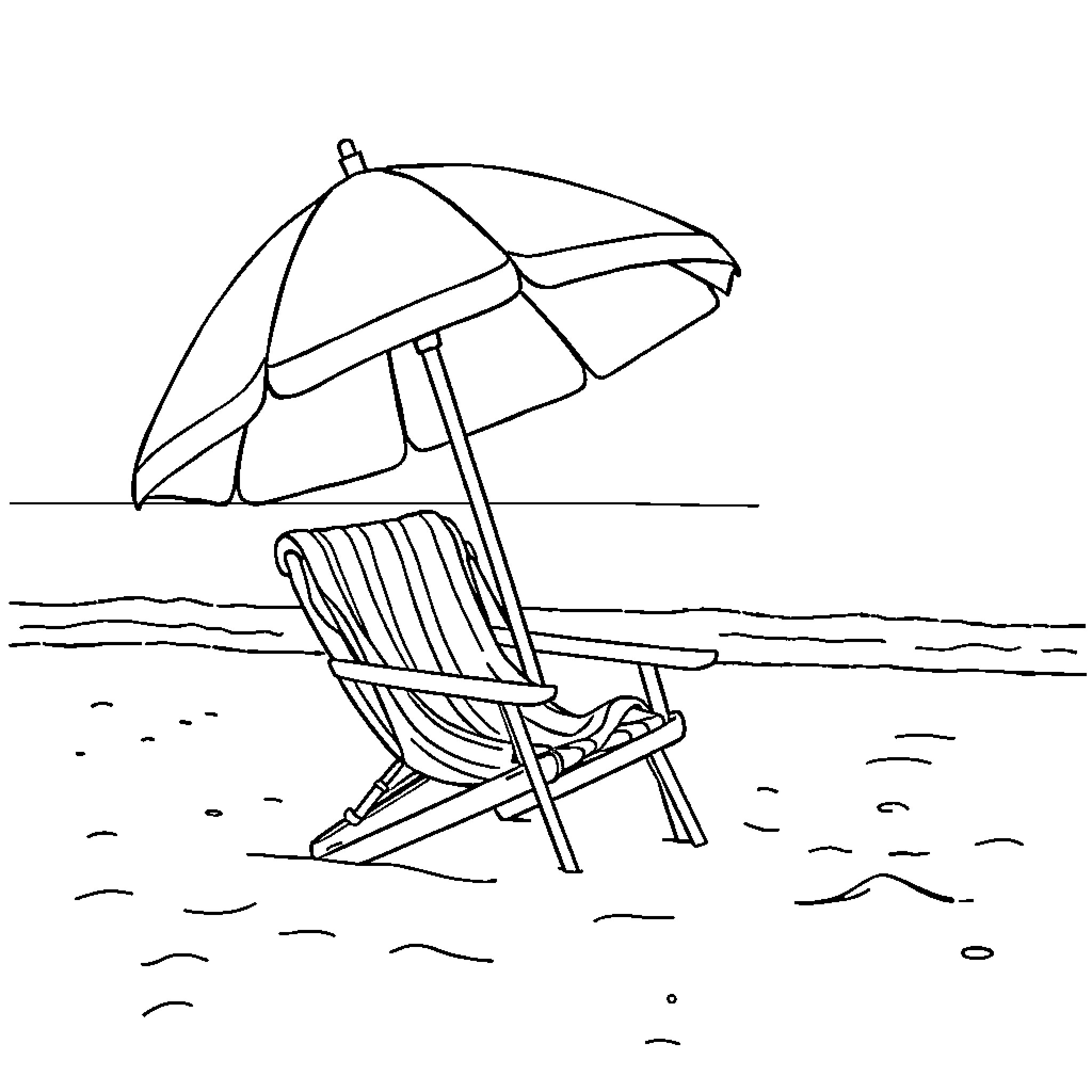 Umbrella and beach chair on the sand Coloring Page (free black-and-white line drawing printable PDF for all, from beginners to advanced learners, including children, teens, adults, and seniors)