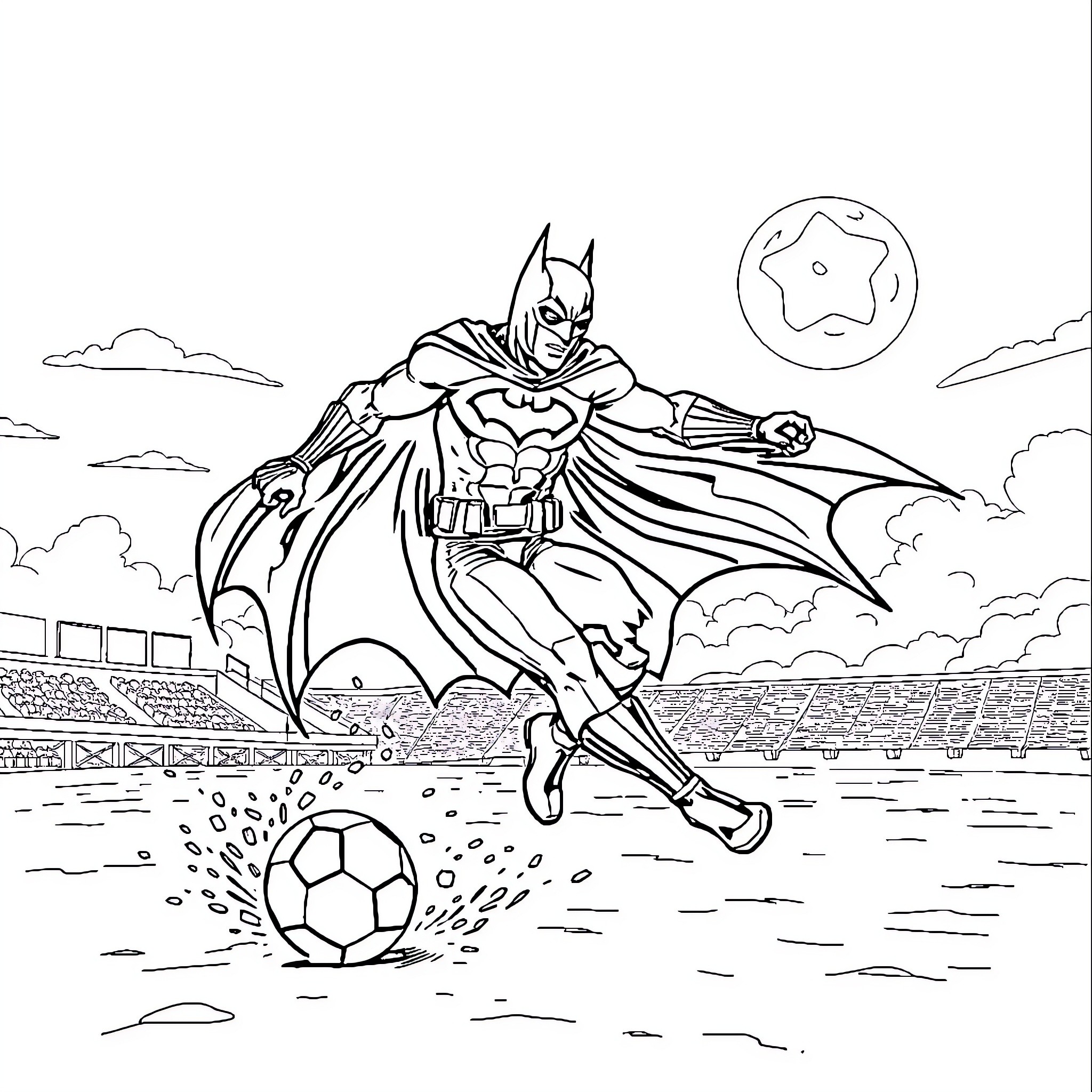 Batman kicking a soccer ball in a stadium Coloring Page (free black-and-white line drawing printable PDF for all, from beginners to advanced learners, including children, teens, adults, and seniors)