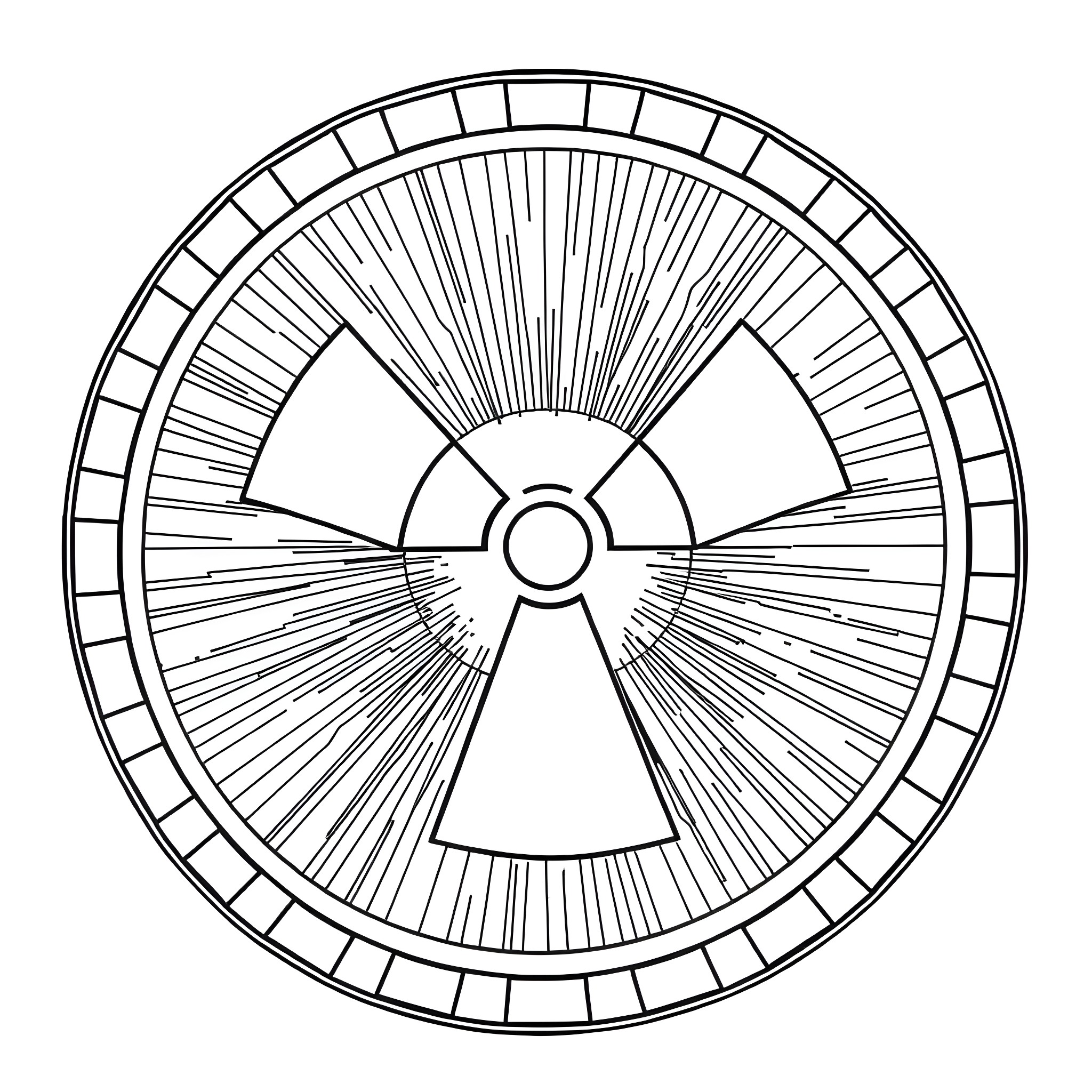 Radiation Symbol with Intricate Radial Design Coloring Page (free black-and-white line drawing printable PDF for all, from beginners to advanced learners, including children, teens, adults, and seniors)