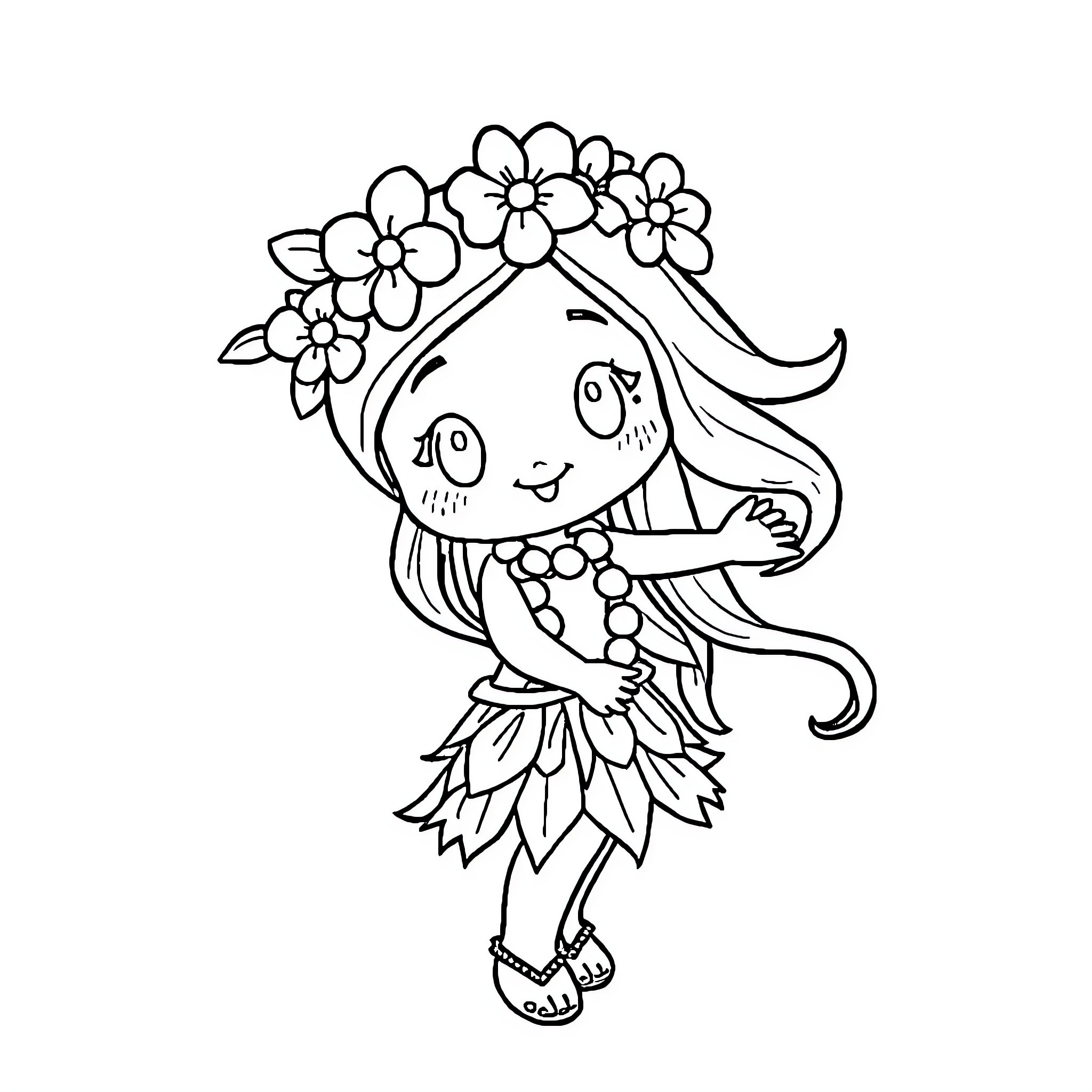 My Melody - Flower-Adorned Figurine Dancing Joyfully Coloring Page (free black-and-white line drawing printable PDF for all, from beginners to advanced learners, including children, teens, adults, and seniors)