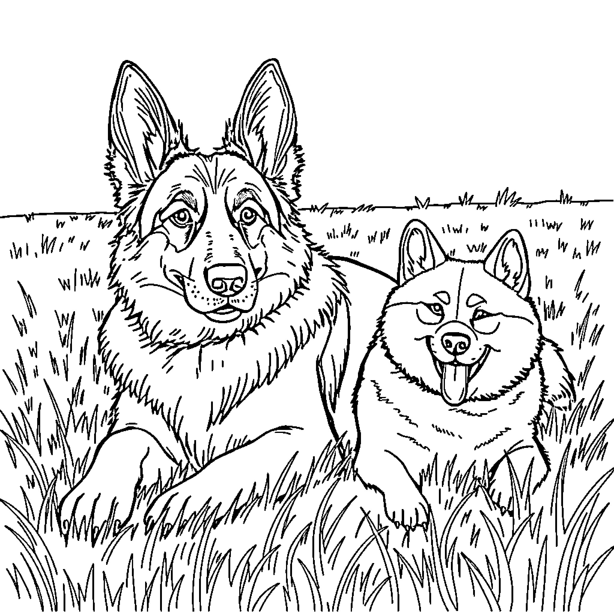 German Shepherd dogs playing in the grass Coloring Page (free black-and-white line drawing printable PDF for all, from beginners to advanced learners, including children, teens, adults, and seniors)
