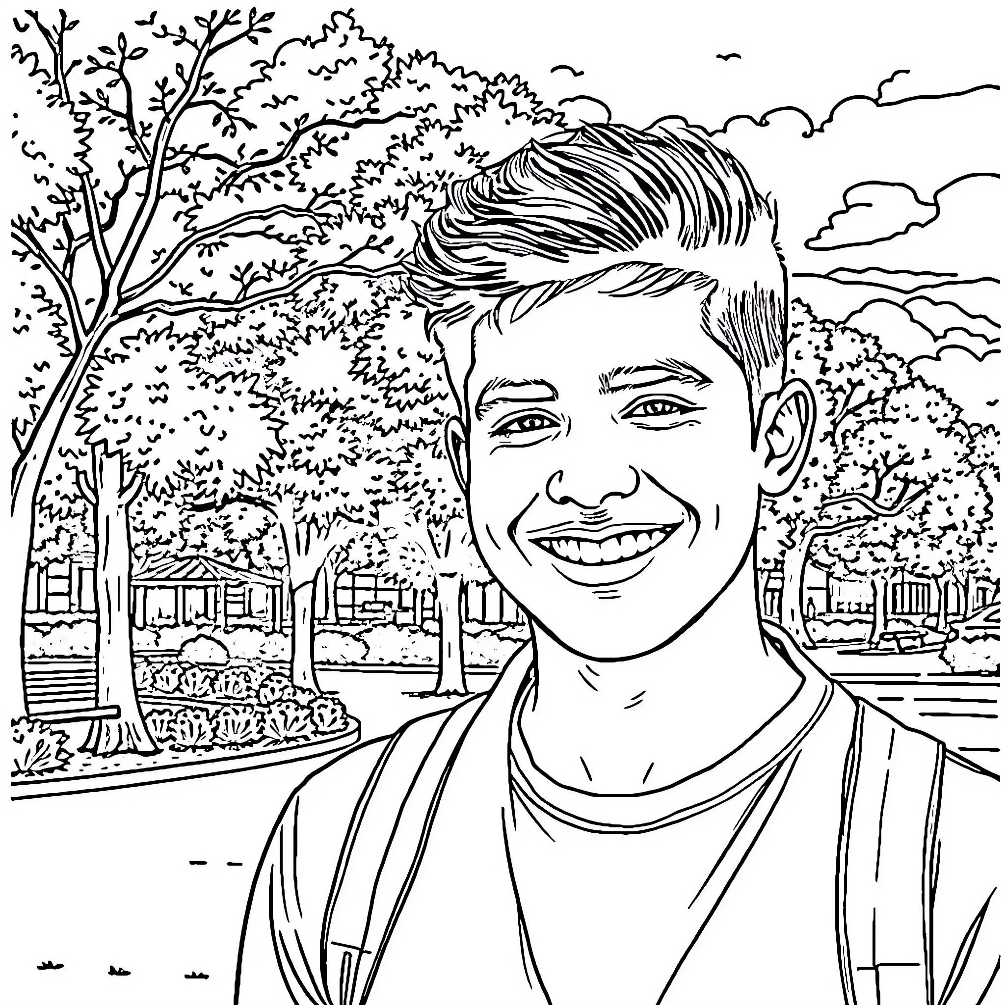 Leonardo's Joyful Outdoor Adventure Coloring Page (free black-and-white line drawing printable PDF for all, from beginners to advanced learners, including children, teens, adults, and seniors)