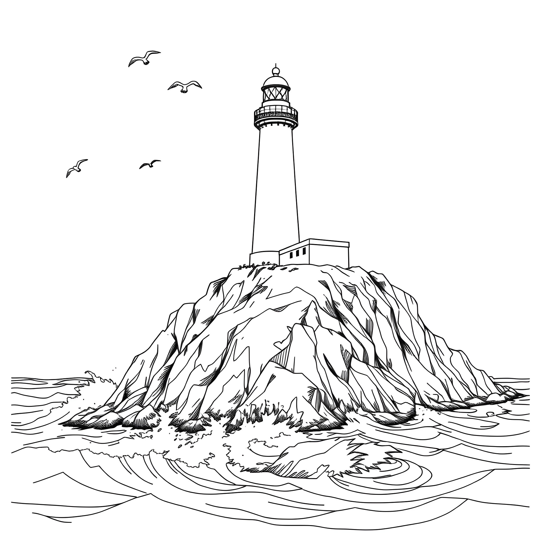 Lighthouse standing tall on rocky cliff by the sea Coloring Page (free black-and-white line drawing printable PDF for all, from beginners to advanced learners, including children, teens, adults, and seniors)