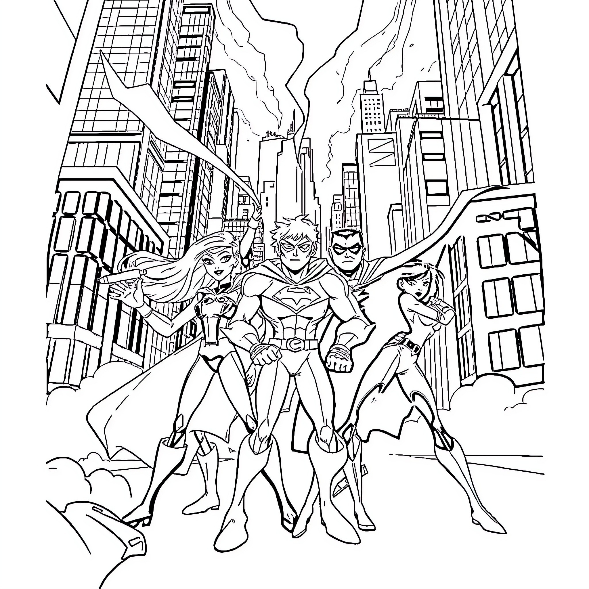 Teen Titans Superheroes in Action Coloring Page (free black-and-white line drawing printable PDF for all, from beginners to advanced learners, including children, teens, adults, and seniors)