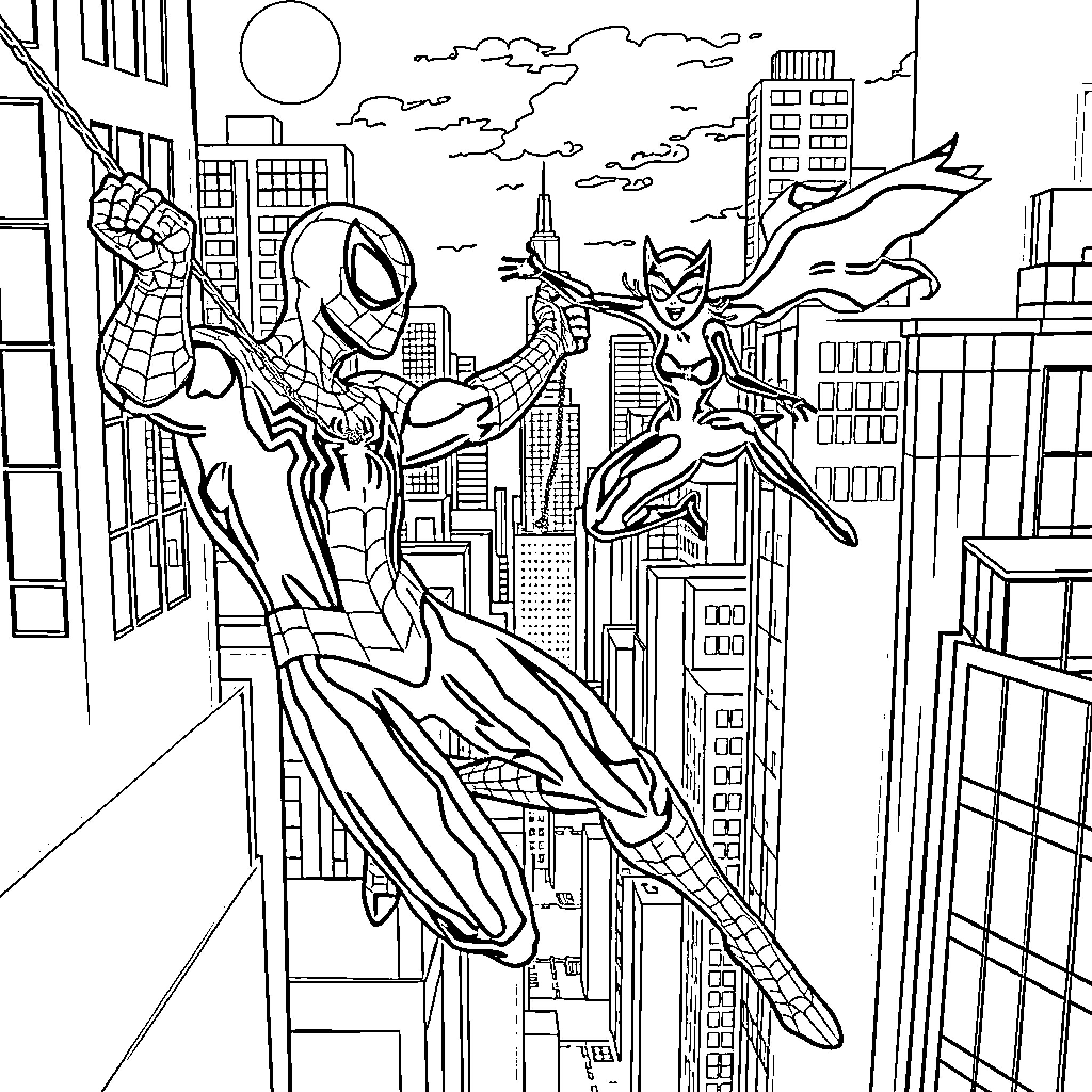 Spider-Man and Catwoman leaping across the city skyline Coloring Page (free black-and-white line drawing printable PDF for all, from beginners to advanced learners, including children, teens, adults, and seniors)