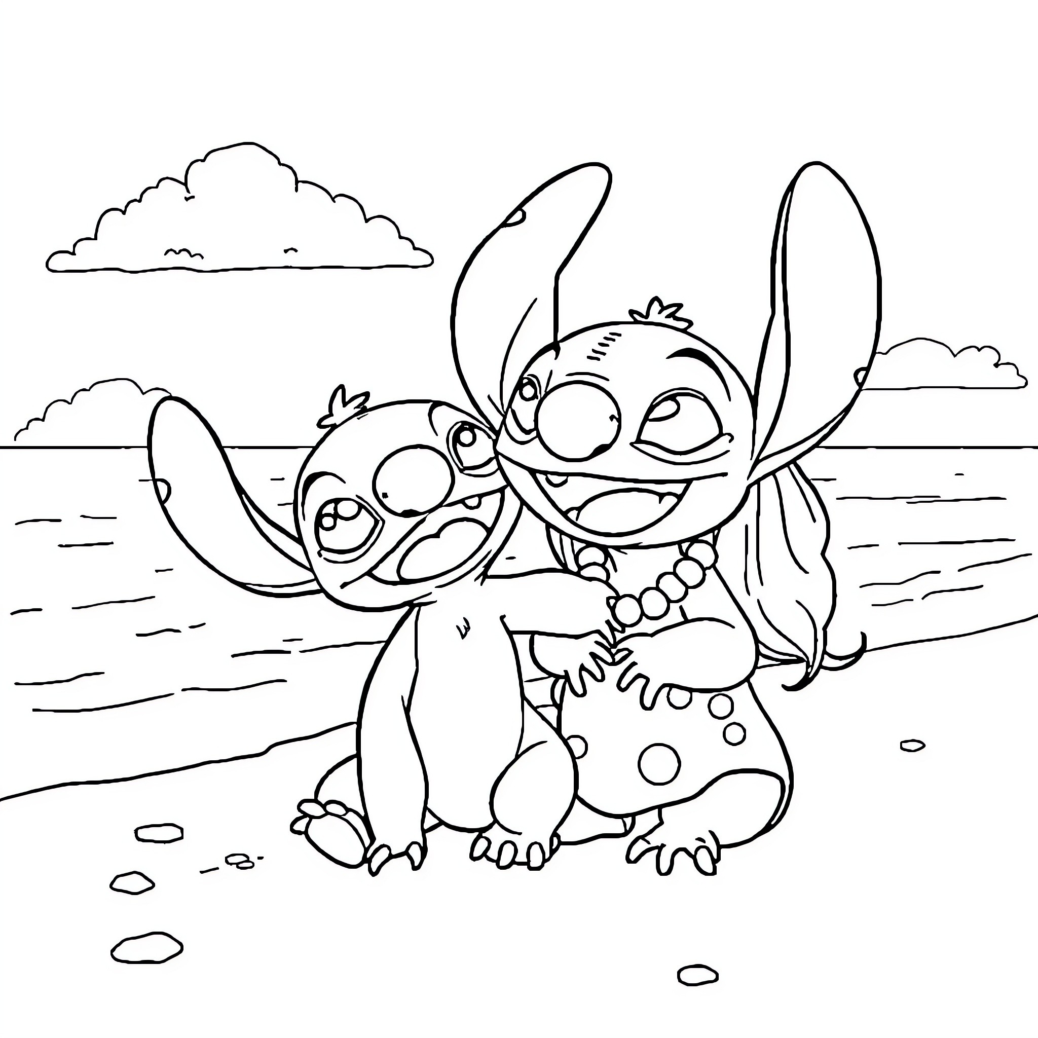Stitch and Lilo playing happily on the beach Coloring Page (free black-and-white line drawing printable PDF for all, from beginners to advanced learners, including children, teens, adults, and seniors)