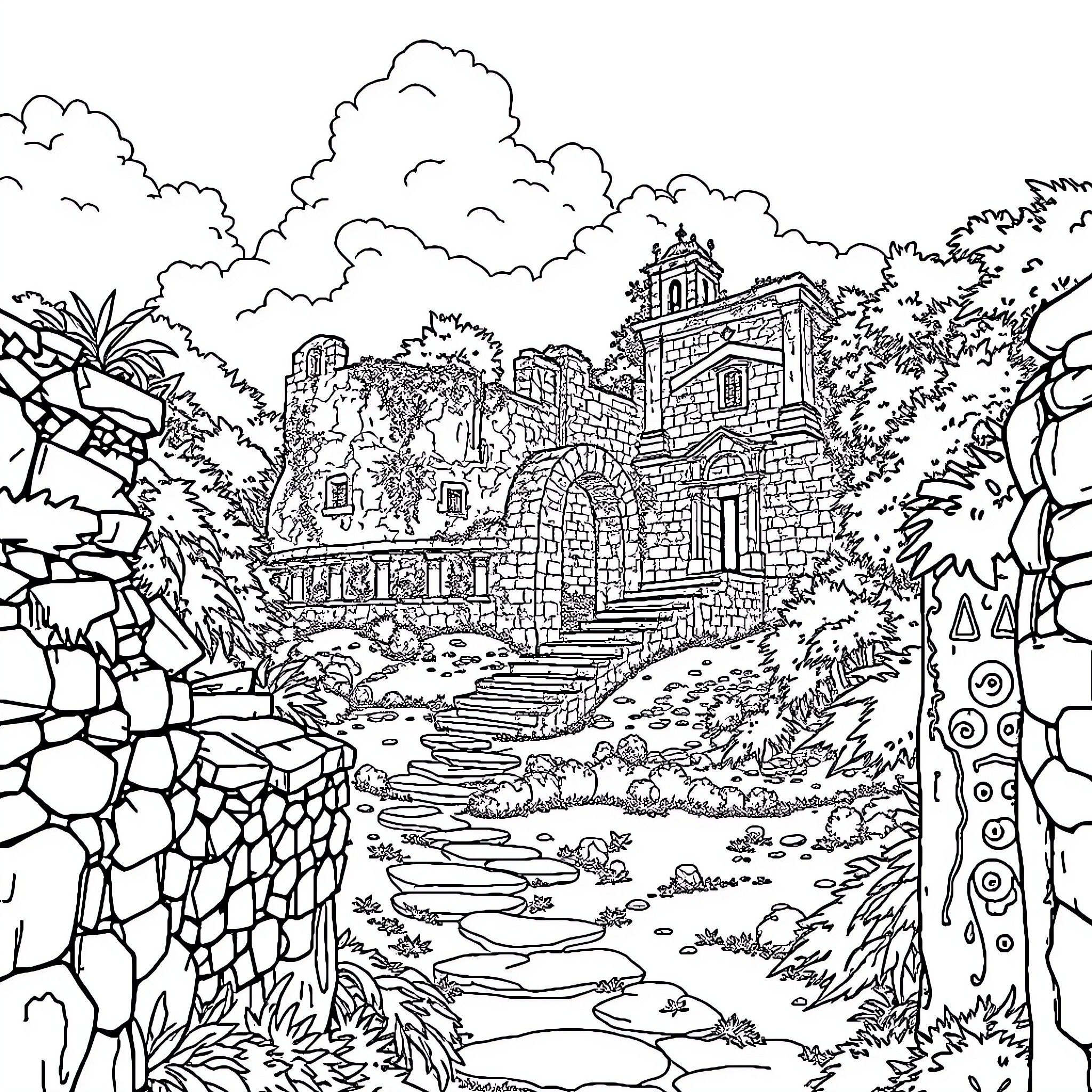 Panamá la Vieja: Tranquil Ruins Amid Lush Foliage Coloring Page (free black-and-white line drawing printable PDF for all, from beginners to advanced learners, including children, teens, adults, and seniors)