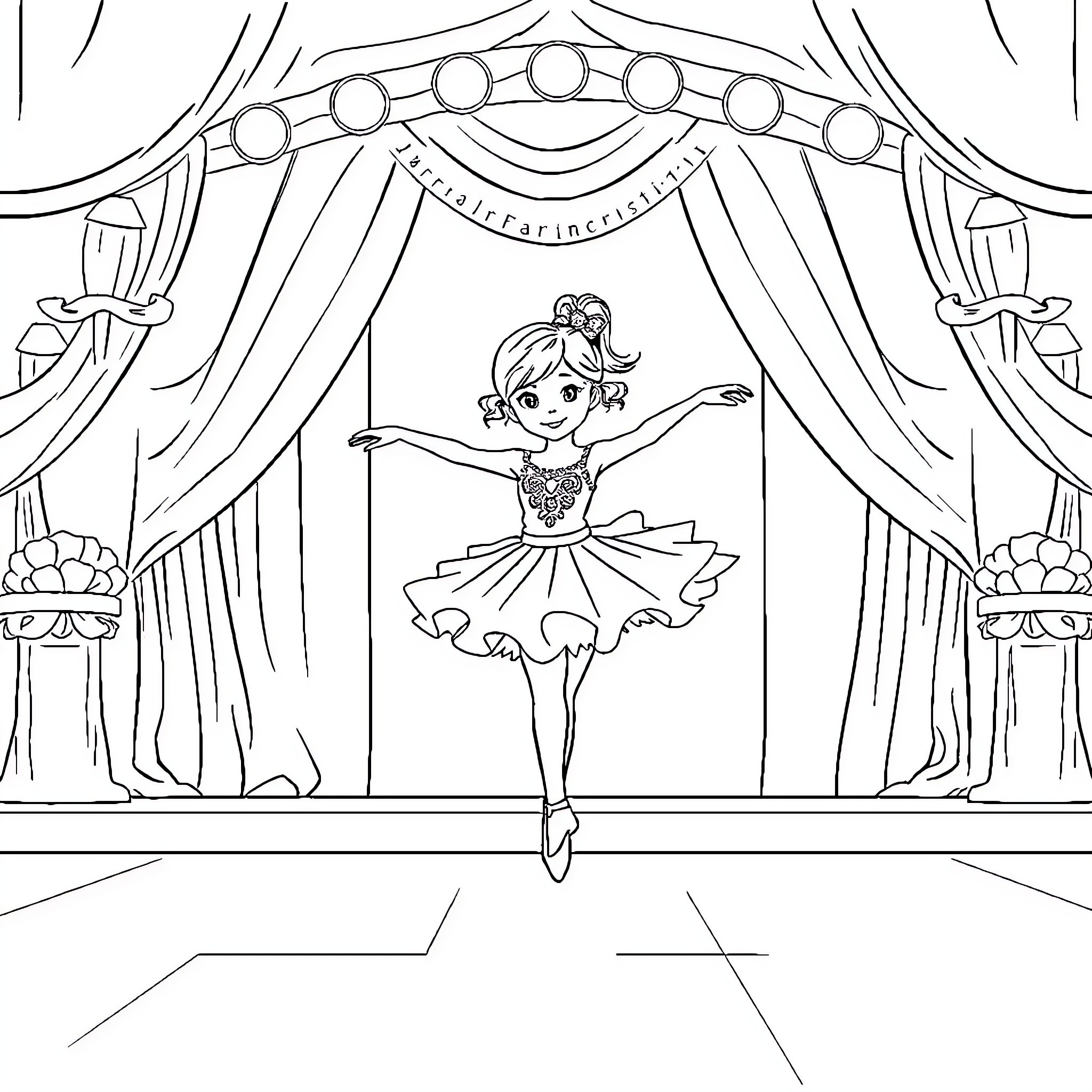 Lab ballerina performing on stage Coloring Page (free black-and-white line drawing printable PDF for all, from beginners to advanced learners, including children, teens, adults, and seniors)