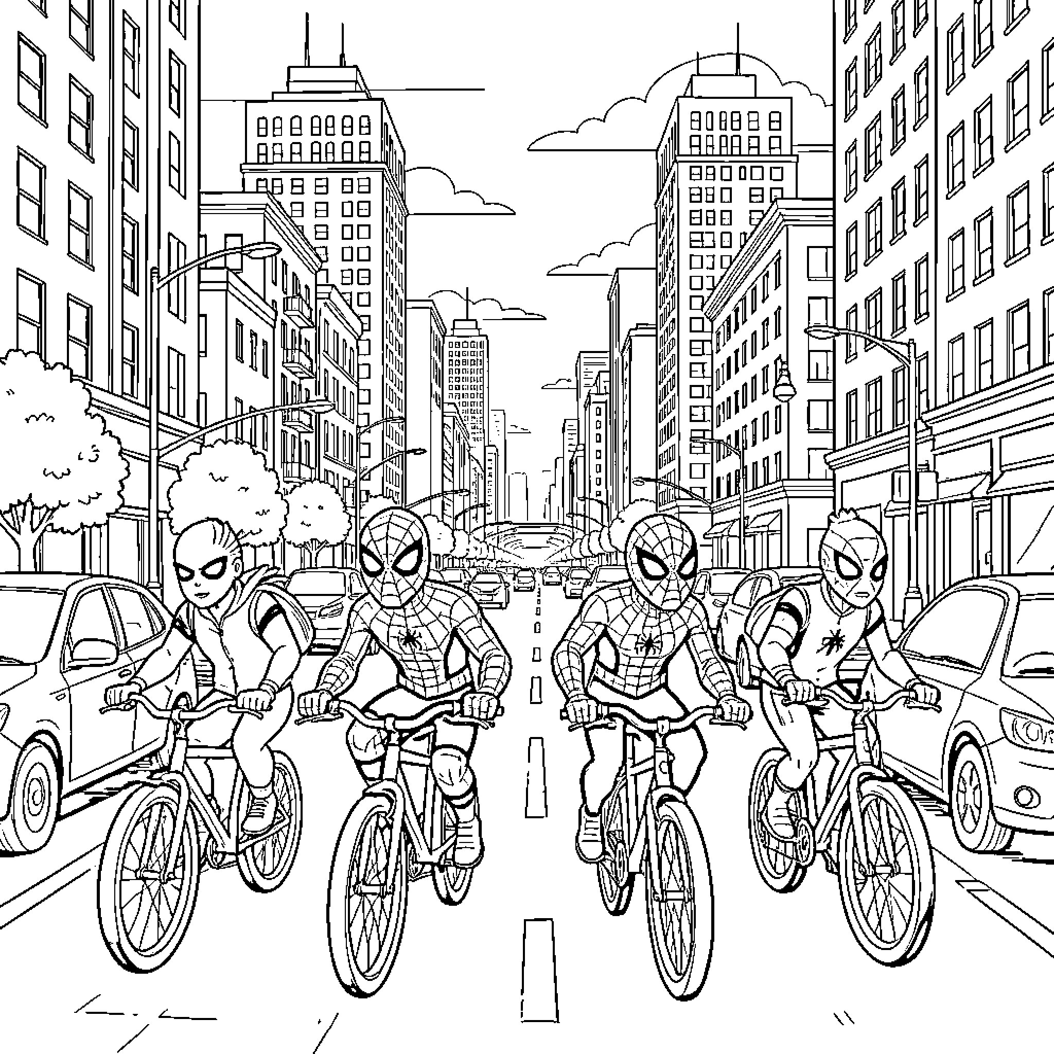 Spider characters riding bicycles through a busy city street Coloring Page (free black-and-white line drawing printable PDF for all, from beginners to advanced learners, including children, teens, adults, and seniors)