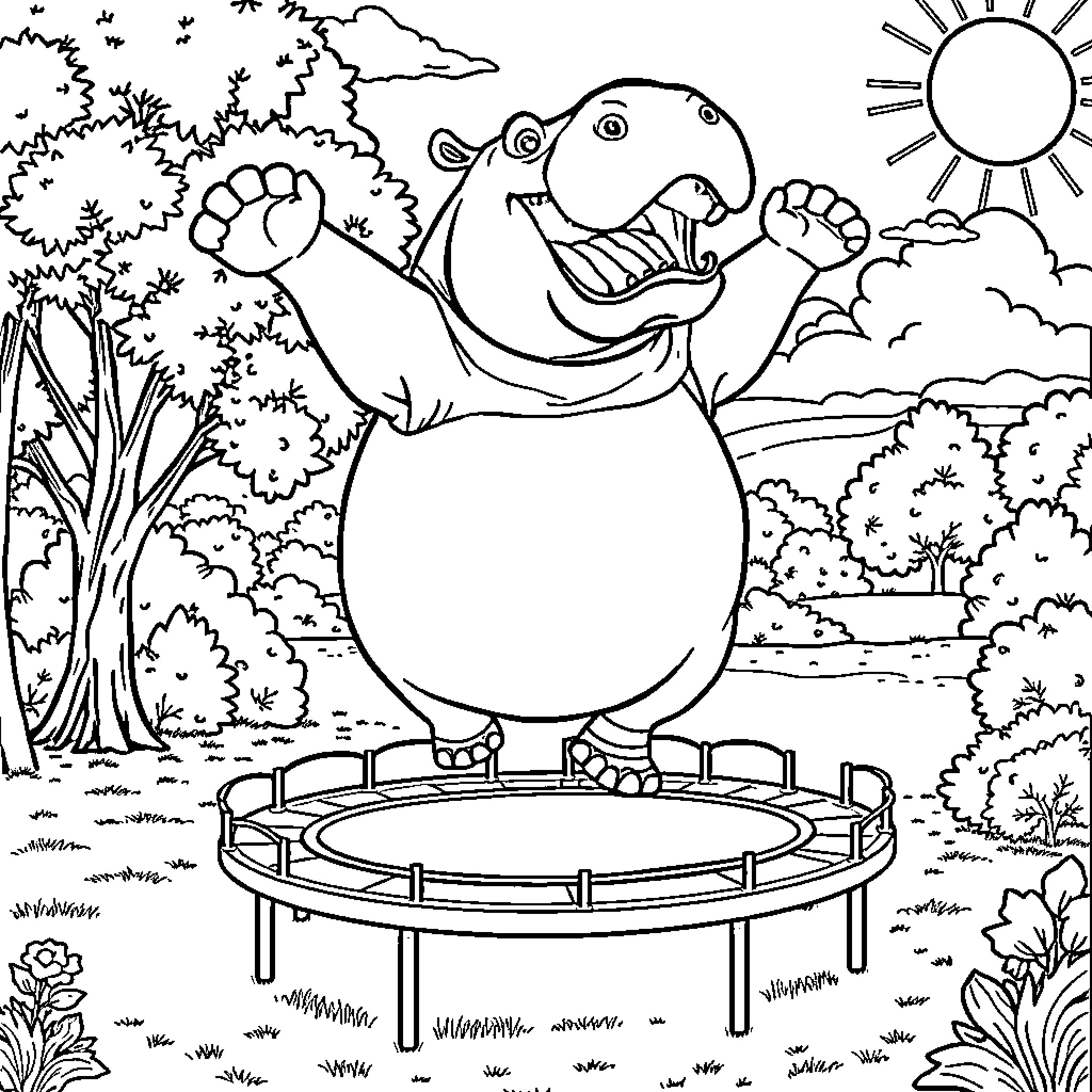 Hippo Jumping with Excitement in the Outdoors Coloring Page (free black-and-white line drawing printable PDF for all, from beginners to advanced learners, including children, teens, adults, and seniors)
