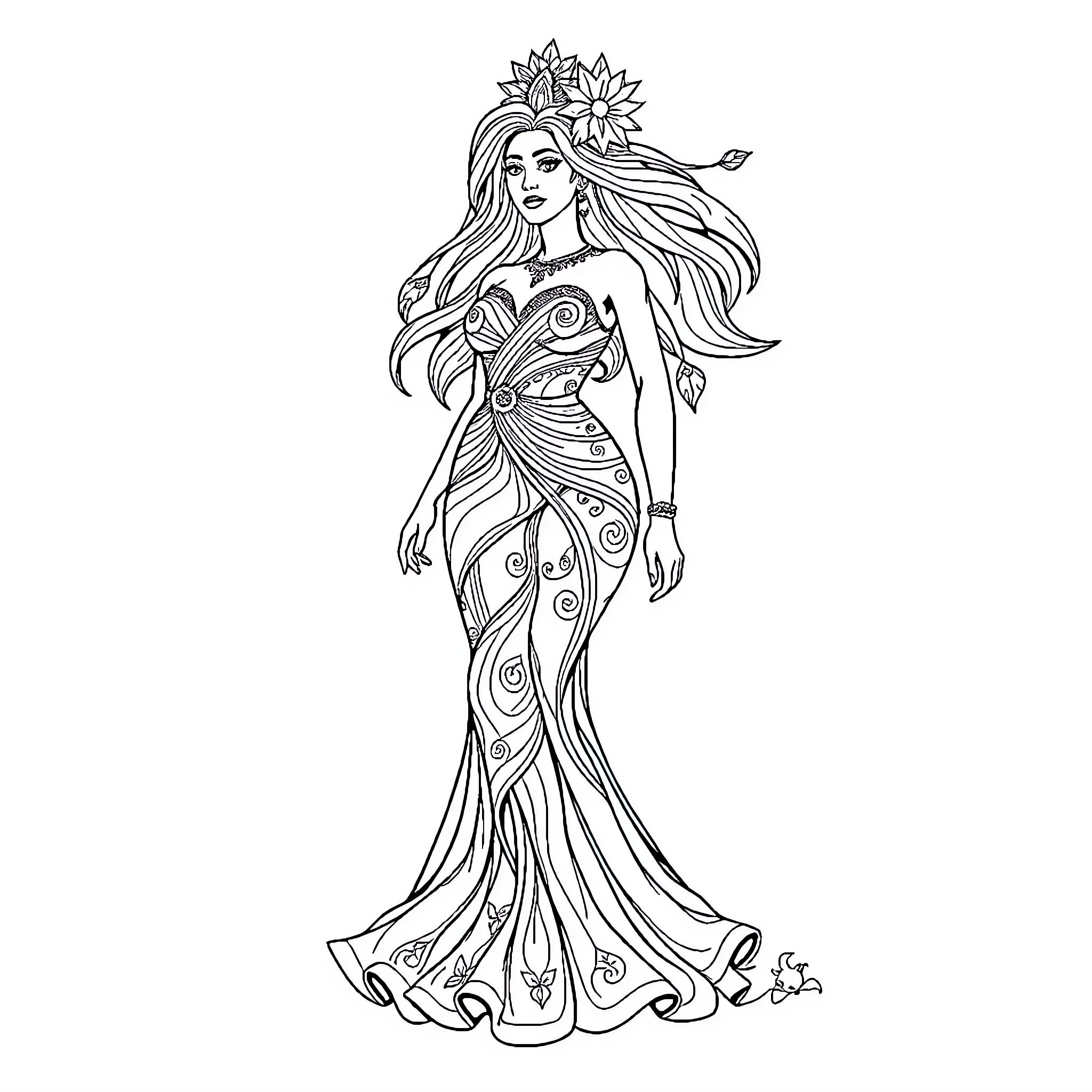 Goddess of Beauty in Ornate Flowing Dress Coloring Page (free black-and-white line drawing printable PDF for all, from beginners to advanced learners, including children, teens, adults, and seniors)