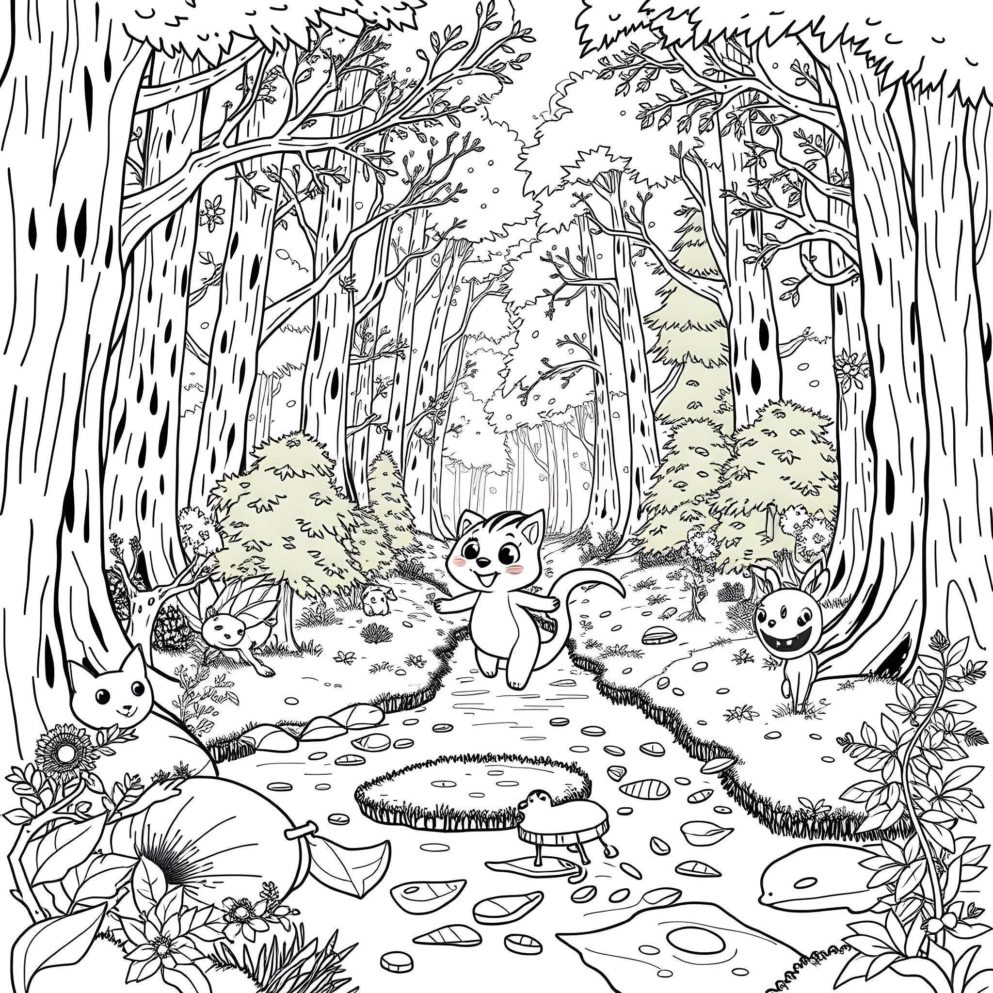Sprunki in the Enchanted Forest Coloring Page (free black-and-white line drawing printable PDF for all, from beginners to advanced learners, including children, teens, adults, and seniors)