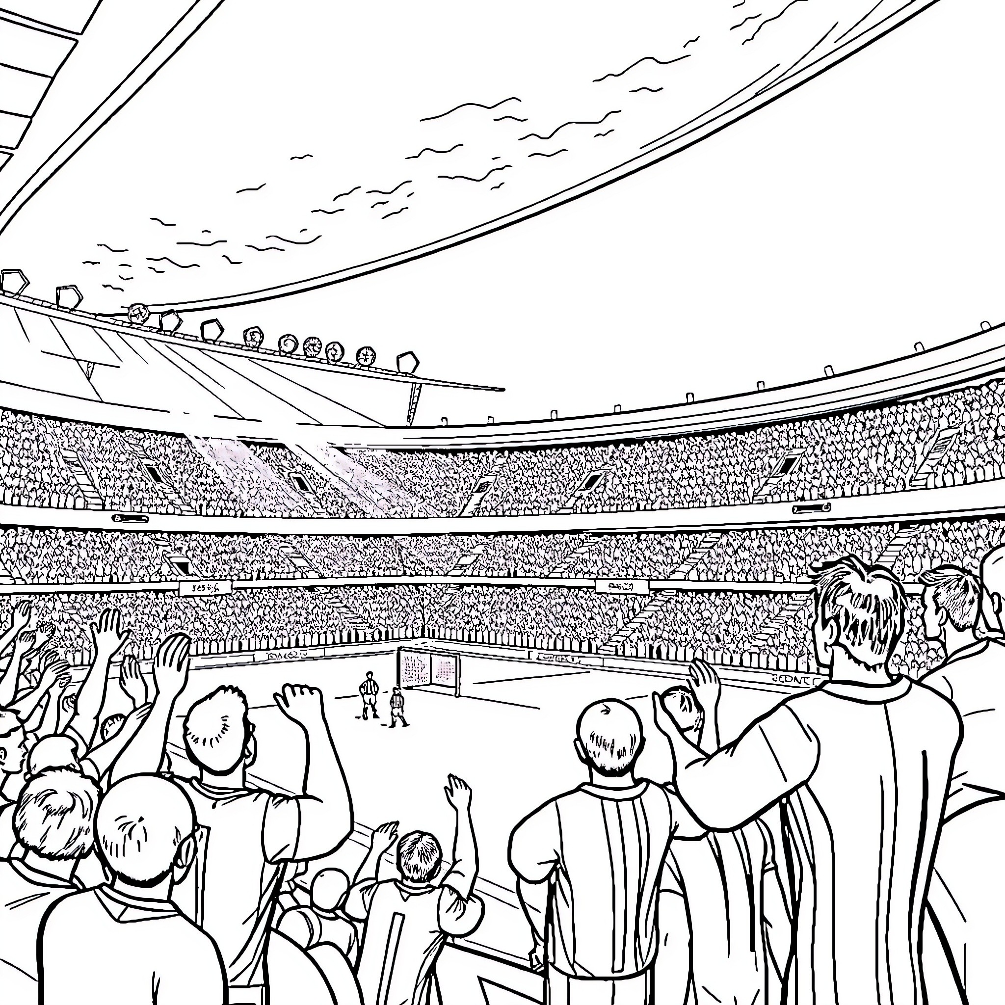 Juventus Stadium filled with enthusiastic fans Coloring Page (free black-and-white line drawing printable PDF for all, from beginners to advanced learners, including children, teens, adults, and seniors)