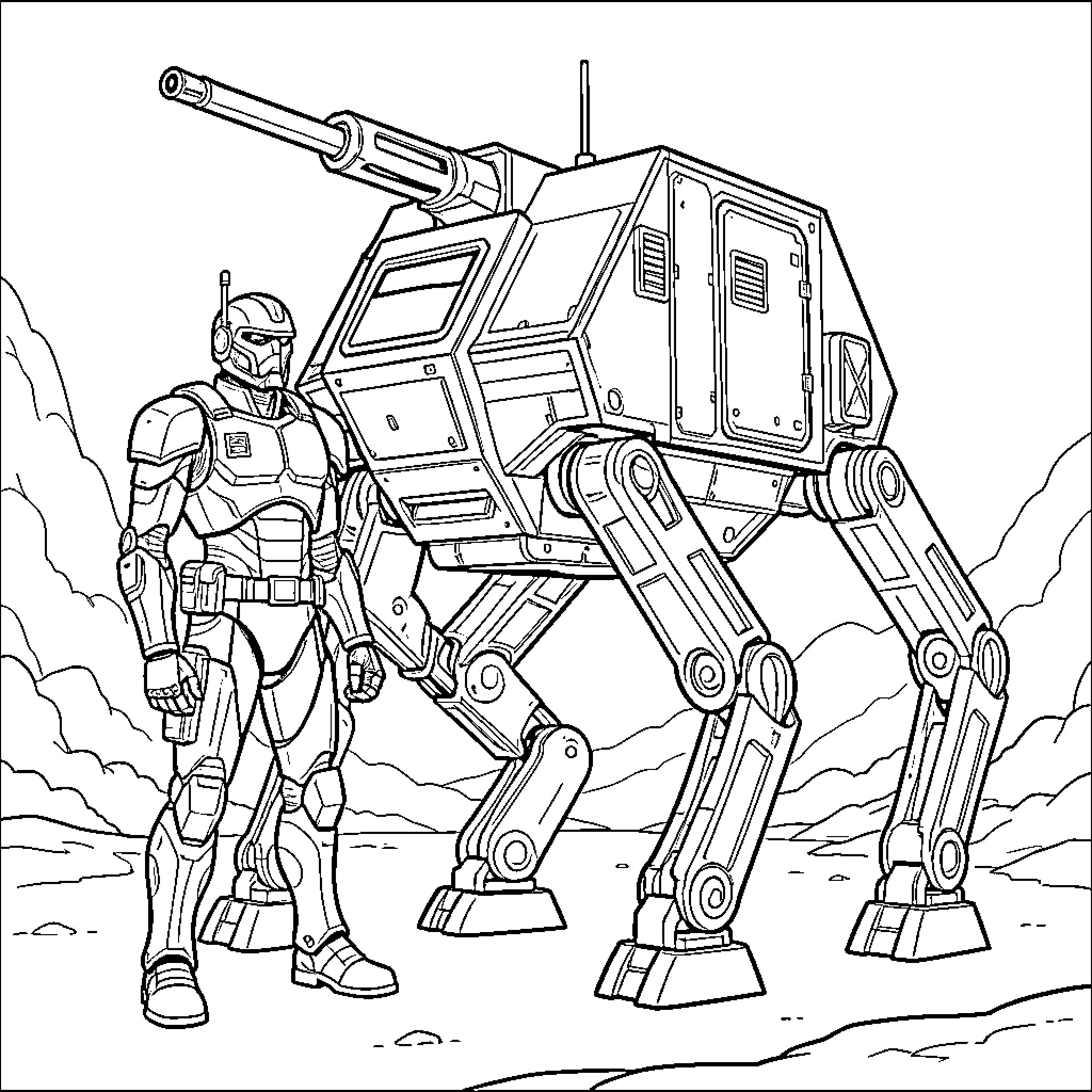 Captain Rex standing beside a large walker machine Coloring Page (free black-and-white line drawing printable PDF for all, from beginners to advanced learners, including children, teens, adults, and seniors)