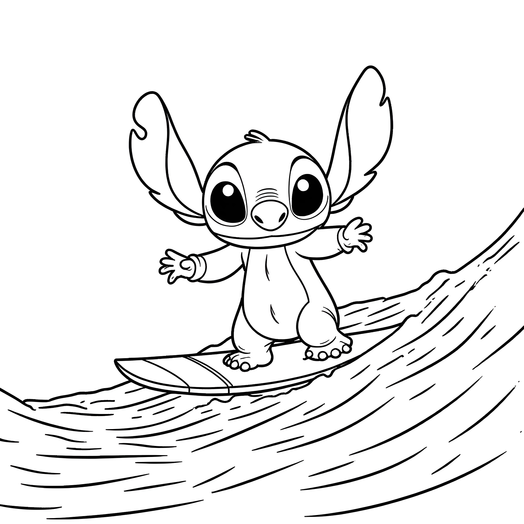 Stitch surfing on waves Coloring Page (free black-and-white line drawing printable PDF for all, from beginners to advanced learners, including children, teens, adults, and seniors)