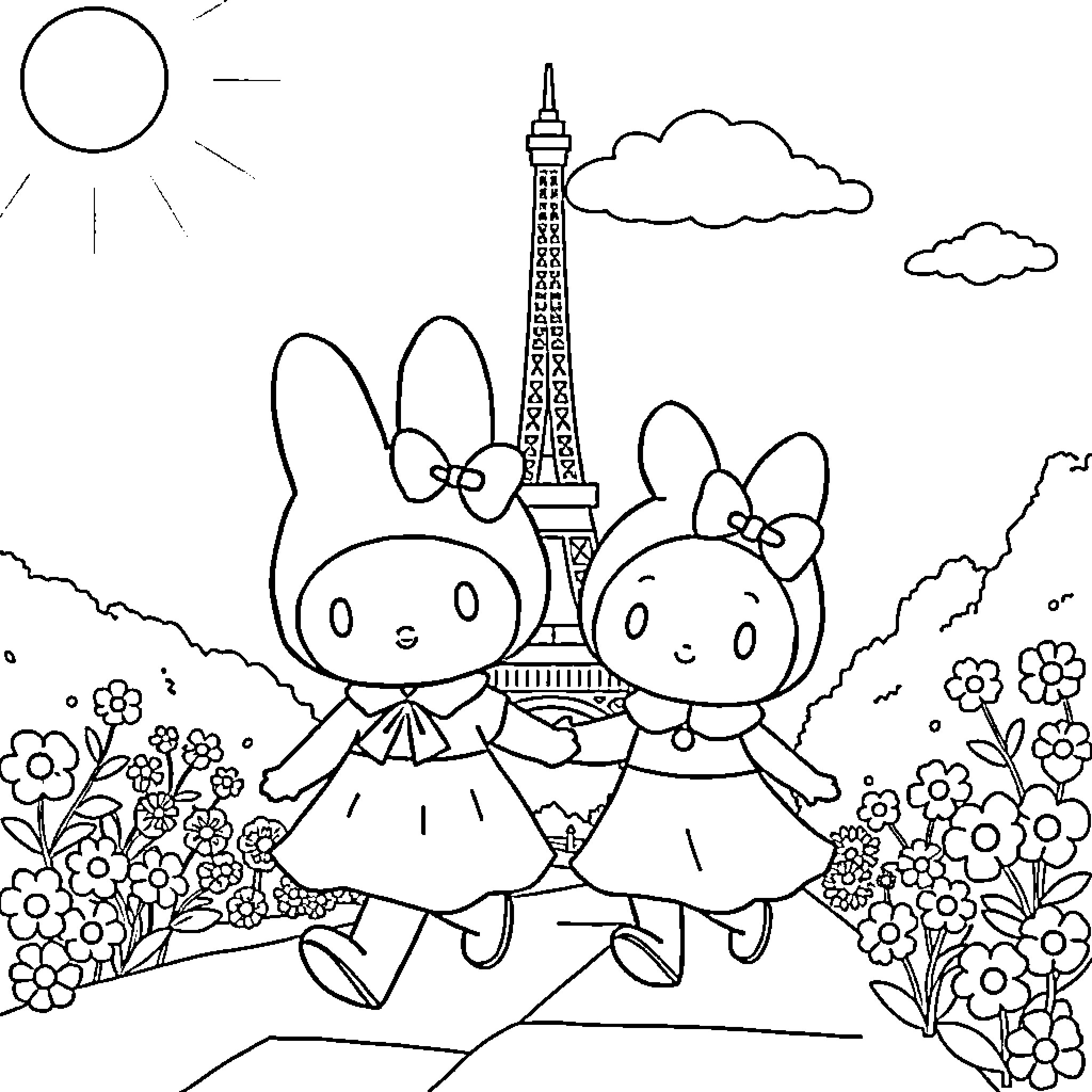 My Melody Enjoying Sights in a Floral Park Coloring Page (free black-and-white line drawing printable PDF for all, from beginners to advanced learners, including children, teens, adults, and seniors)