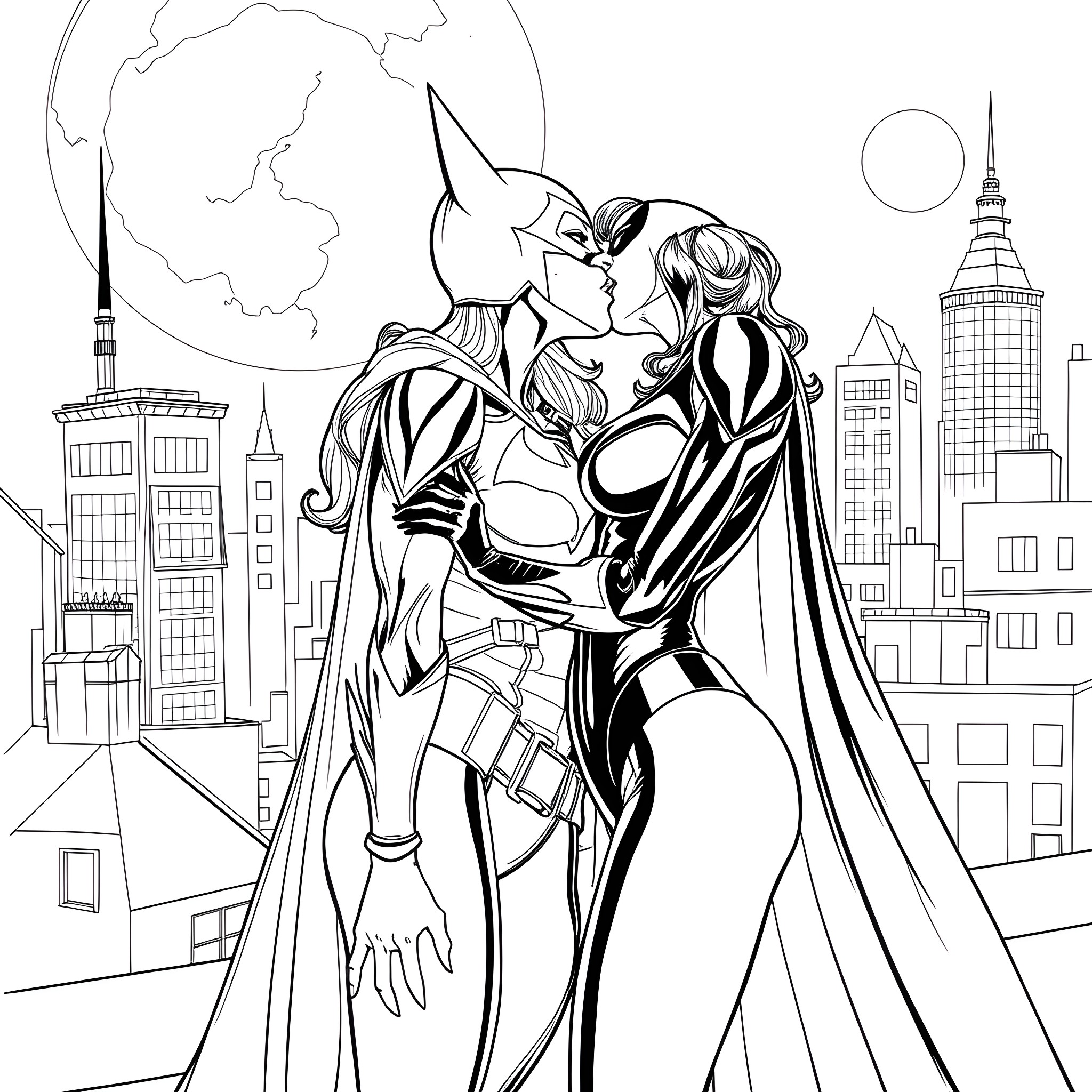 Batgirl's Nighttime Adventure in the City Coloring Page (free black-and-white line drawing printable PDF for all, from beginners to advanced learners, including children, teens, adults, and seniors)