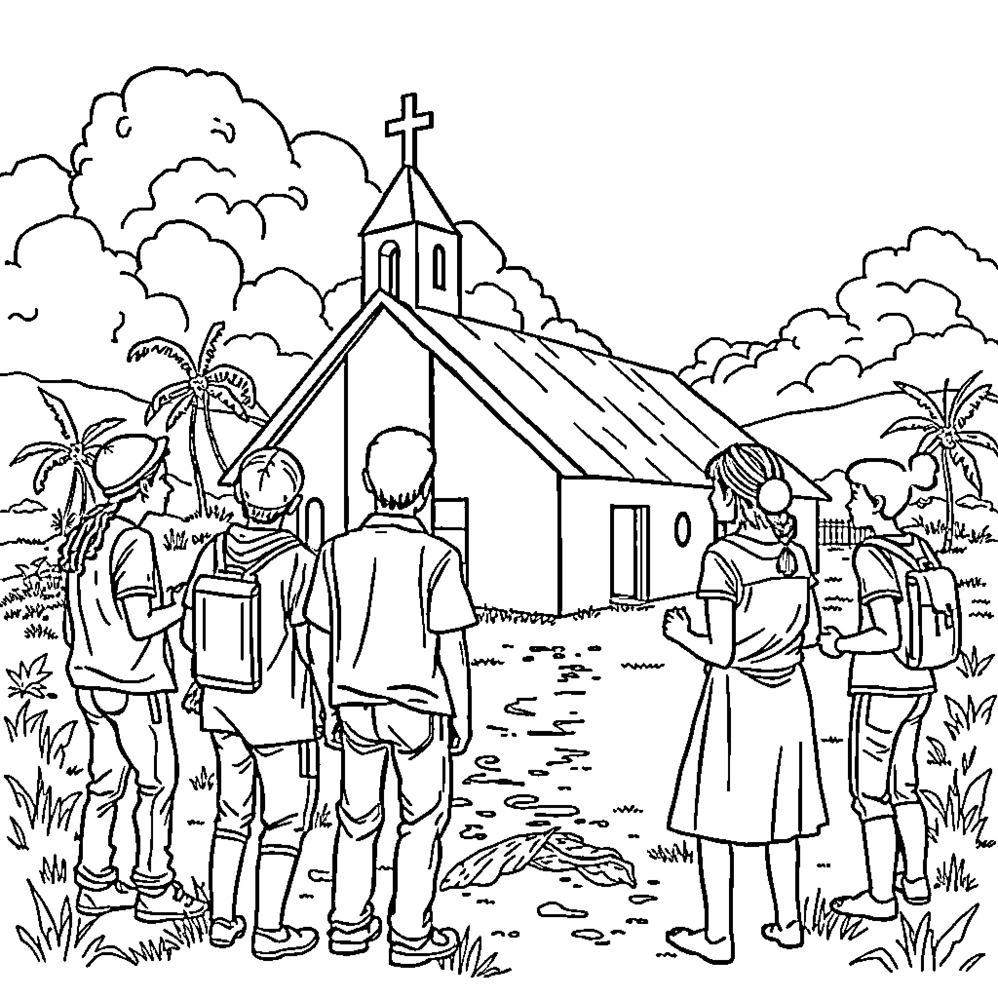 Mission to the Remote Church in the Wilderness Coloring Page (free black-and-white line drawing printable PDF for all, from beginners to advanced learners, including children, teens, adults, and seniors)