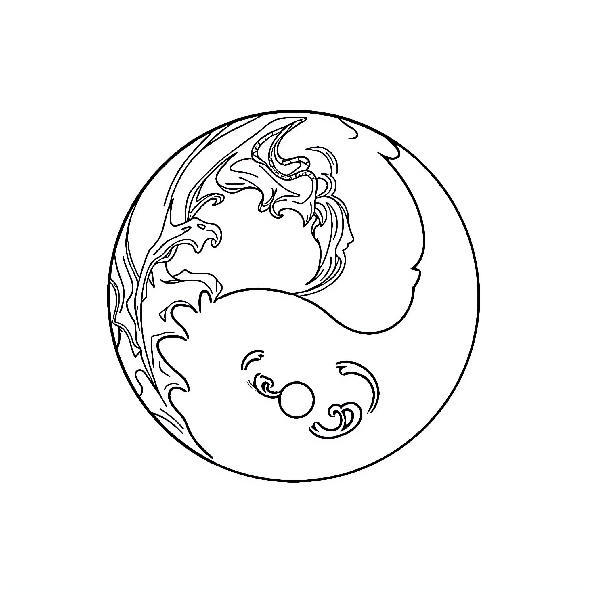 Yin Yang Symbol of Harmony and Balance Coloring Page (free black-and-white line drawing printable PDF for all, from beginners to advanced learners, including children, teens, adults, and seniors)