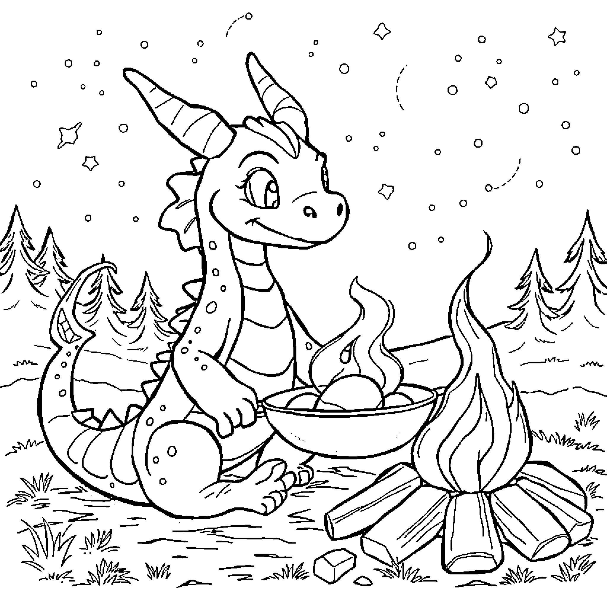 Dragonite camping in the forest with a campfire Coloring Page (free black-and-white line drawing printable PDF for all, from beginners to advanced learners, including children, teens, adults, and seniors)