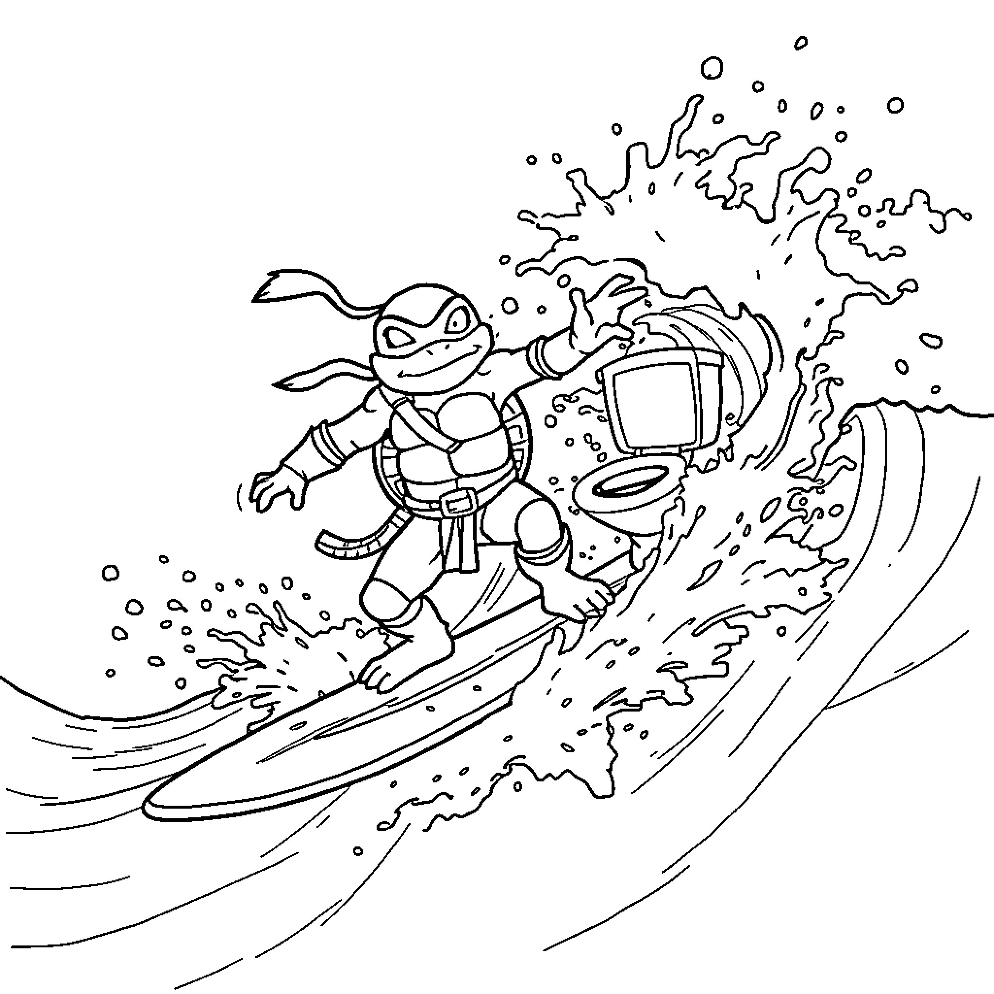 Ninja Turtle surfing through big waves Coloring Page (free black-and-white line drawing printable PDF for all, from beginners to advanced learners, including children, teens, adults, and seniors)
