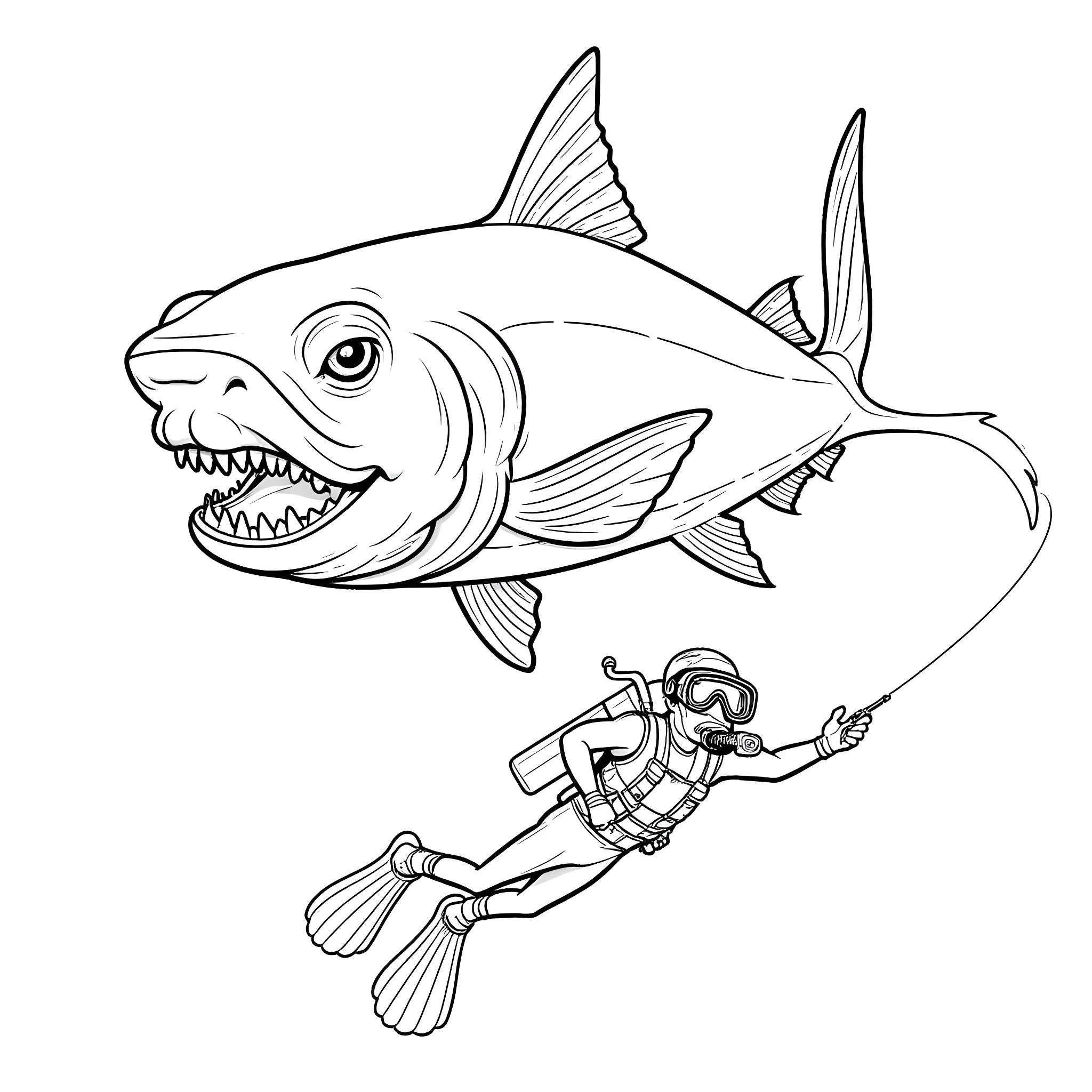 Monster shark attacking a scuba diver Coloring Page (free black-and-white line drawing printable PDF for all, from beginners to advanced learners, including children, teens, adults, and seniors)