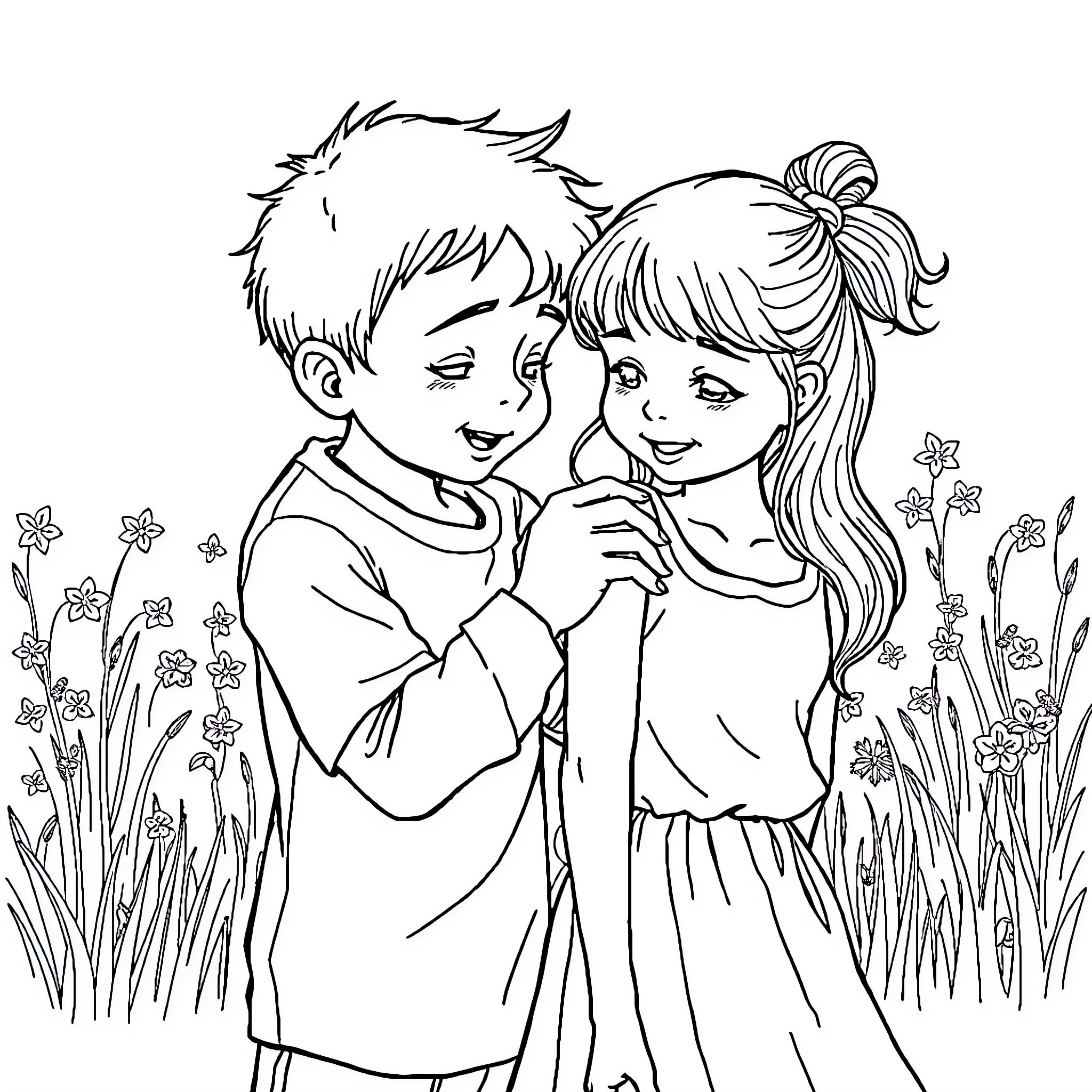 Boy and Girl Sharing a Tender Moment in the Floral Meadow Coloring Page (free black-and-white line drawing printable PDF for all, from beginners to advanced learners, including children, teens, adults, and seniors)