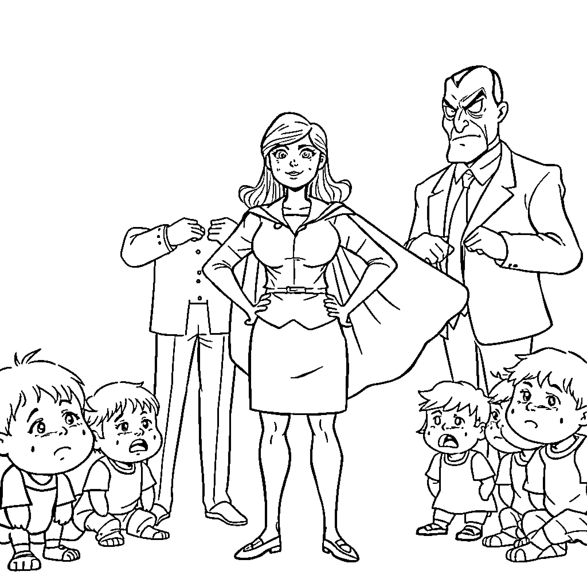 Teacher in superhero costume with students Coloring Page (free black-and-white line drawing printable PDF for all, from beginners to advanced learners, including children, teens, adults, and seniors)