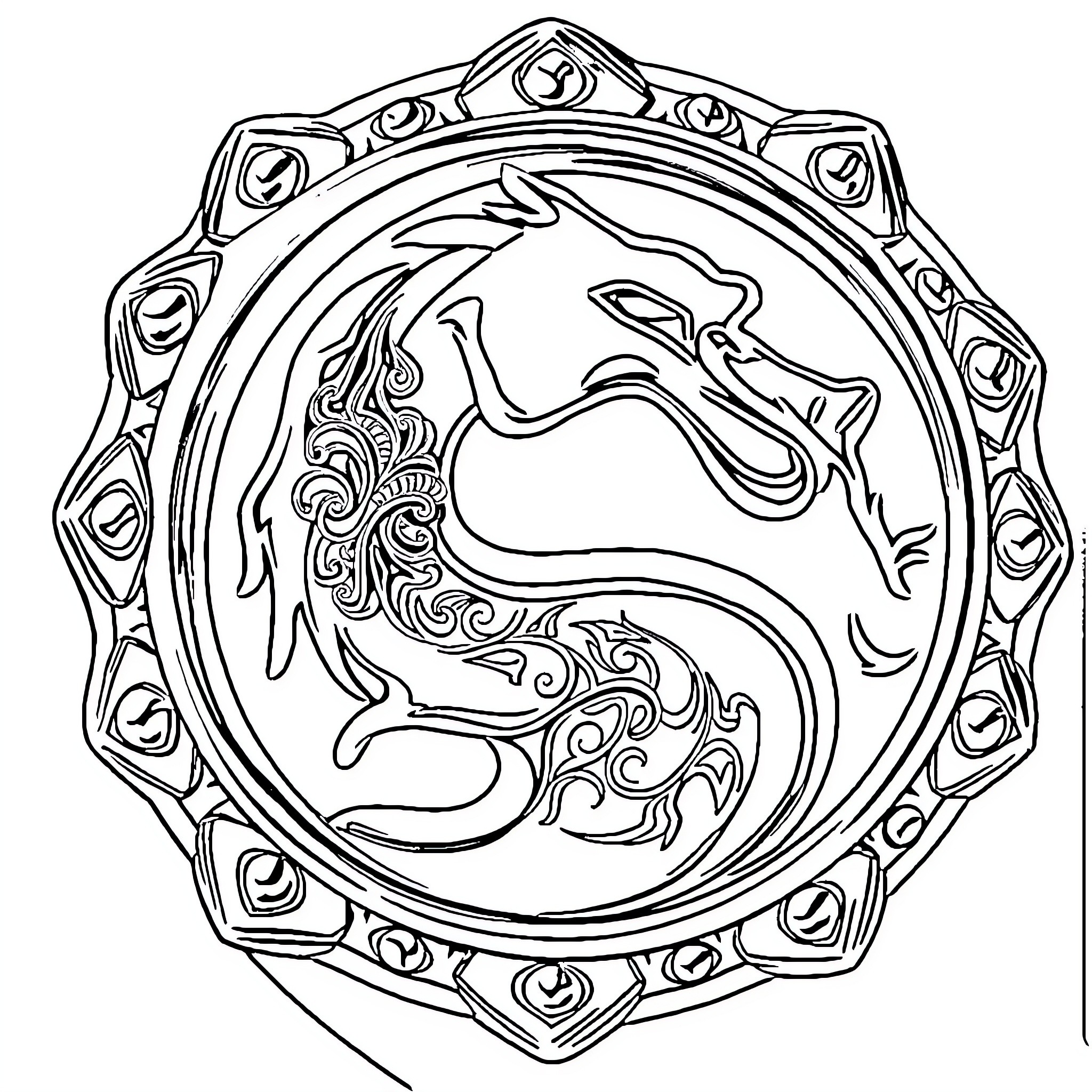 Bead horse silhouette in ornamental frame Coloring Page (free black-and-white line drawing printable PDF for all, from beginners to advanced learners, including children, teens, adults, and seniors)