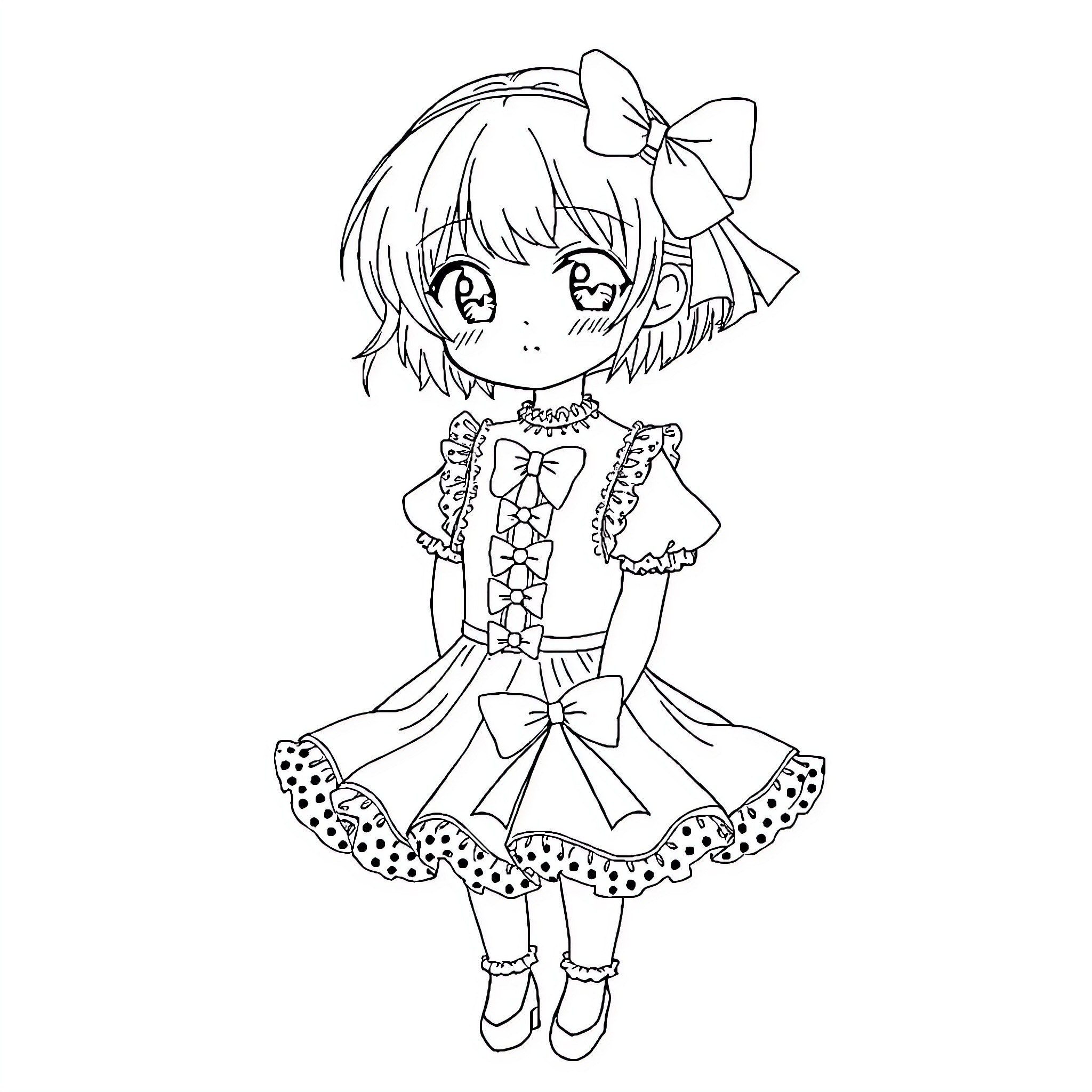 Anime Boy in Adorable Lolita Outfit Coloring Page (free black-and-white line drawing printable PDF for all, from beginners to advanced learners, including children, teens, adults, and seniors)
