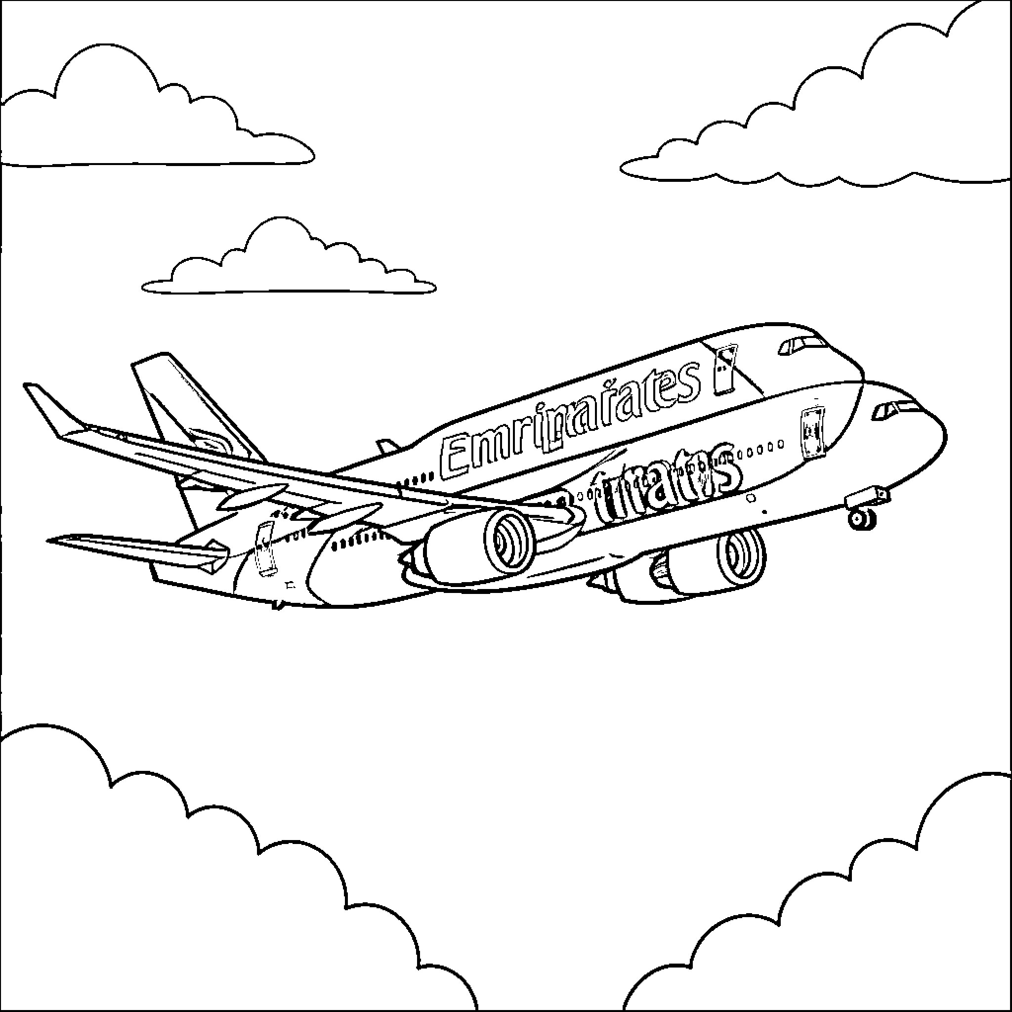 Airplane in Flight with Emirates Logo Coloring Page (free black-and-white line drawing printable PDF for all, from beginners to advanced learners, including children, teens, adults, and seniors)