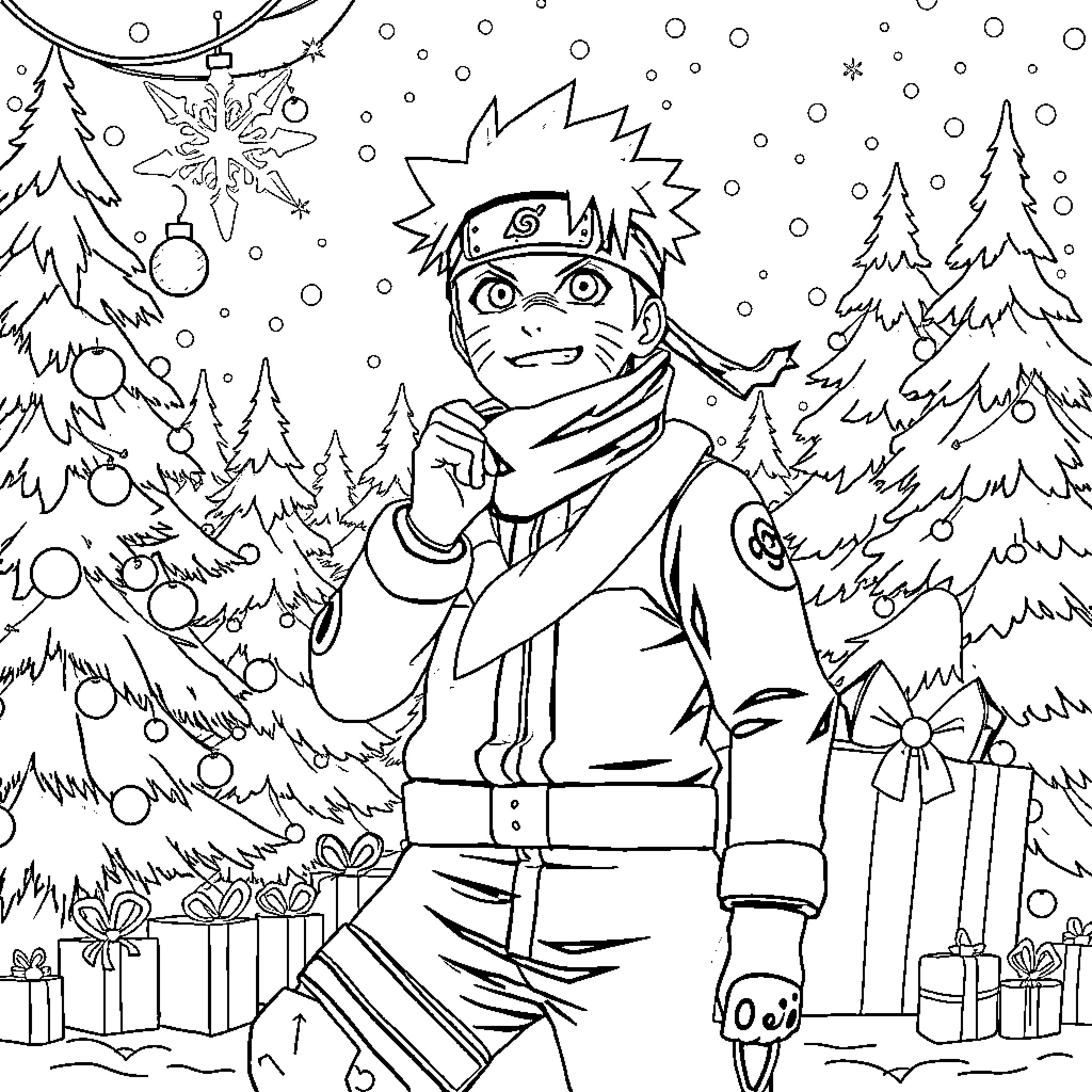 Naruto Celebrating the Winter Holidays Coloring Page (free black-and-white line drawing printable PDF for all, from beginners to advanced learners, including children, teens, adults, and seniors)