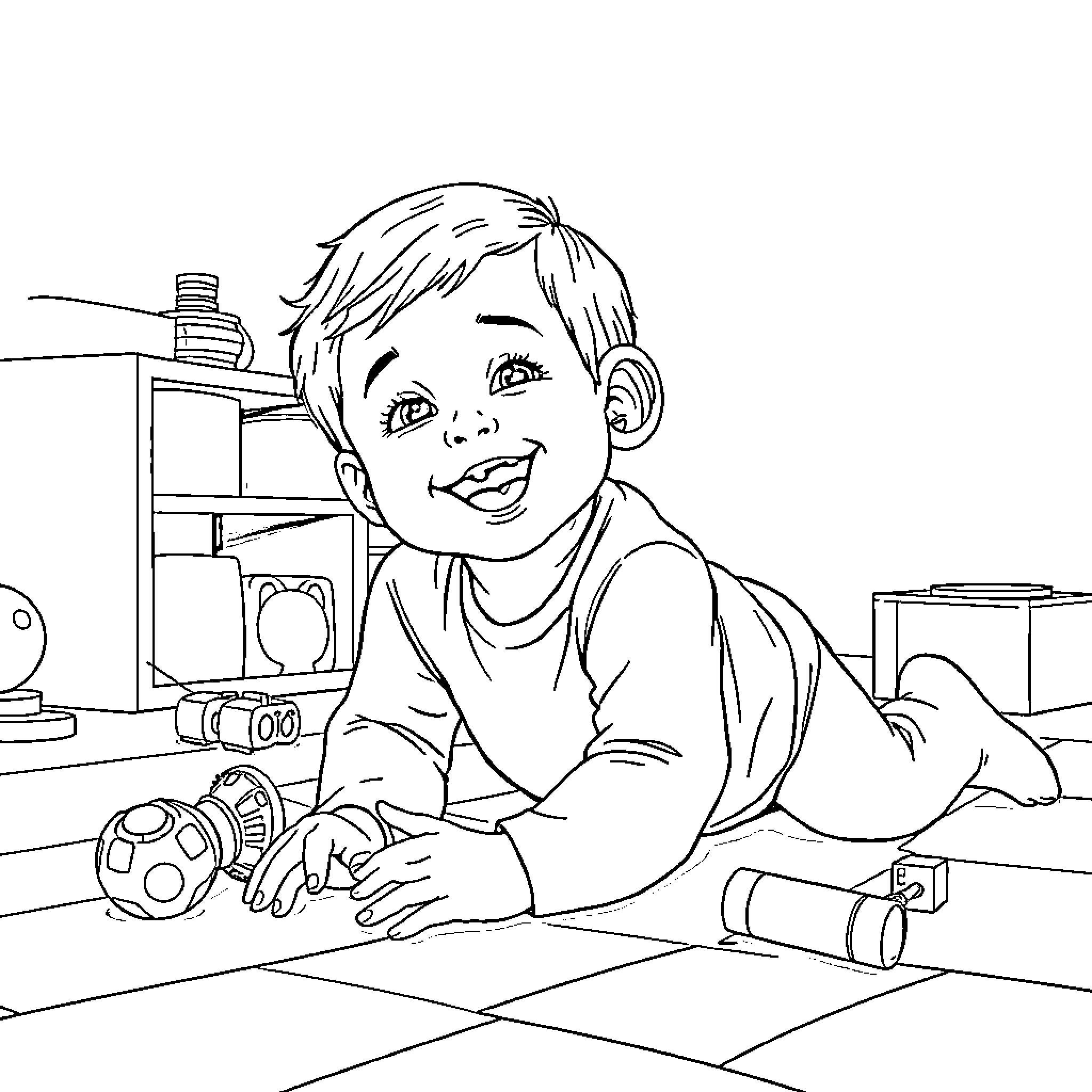 Child playing happily with toys in the bedroom Coloring Page (free black-and-white line drawing printable PDF for all, from beginners to advanced learners, including children, teens, adults, and seniors)