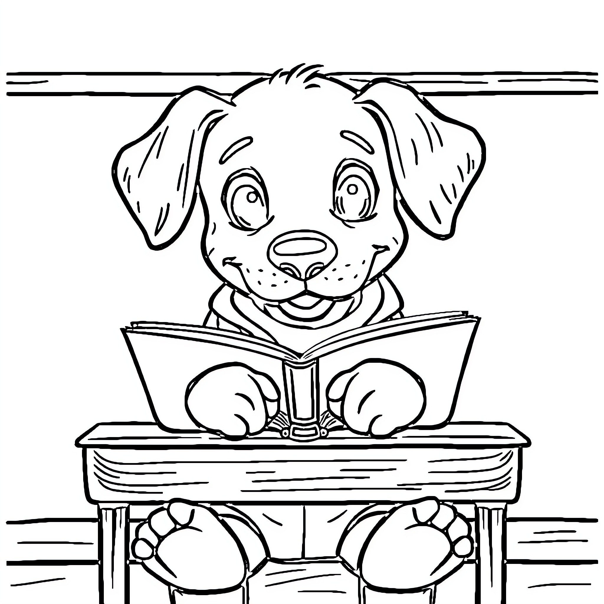 Dog reading a book at school desk Coloring Page (free black-and-white line drawing printable PDF for all, from beginners to advanced learners, including children, teens, adults, and seniors)