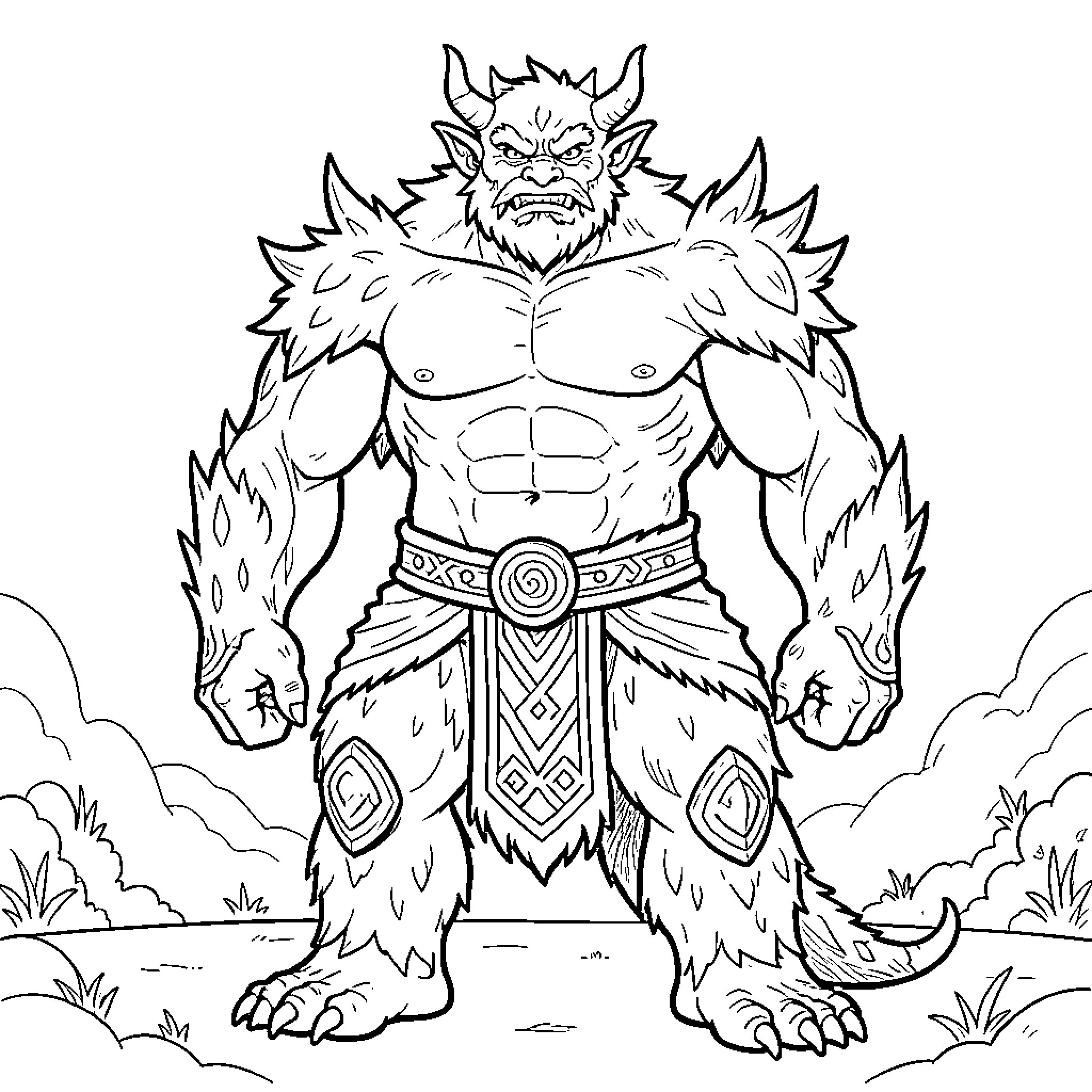 Sangoko muscular horned monster standing in a landscape Coloring Page (free black-and-white line drawing printable PDF for all, from beginners to advanced learners, including children, teens, adults, and seniors)