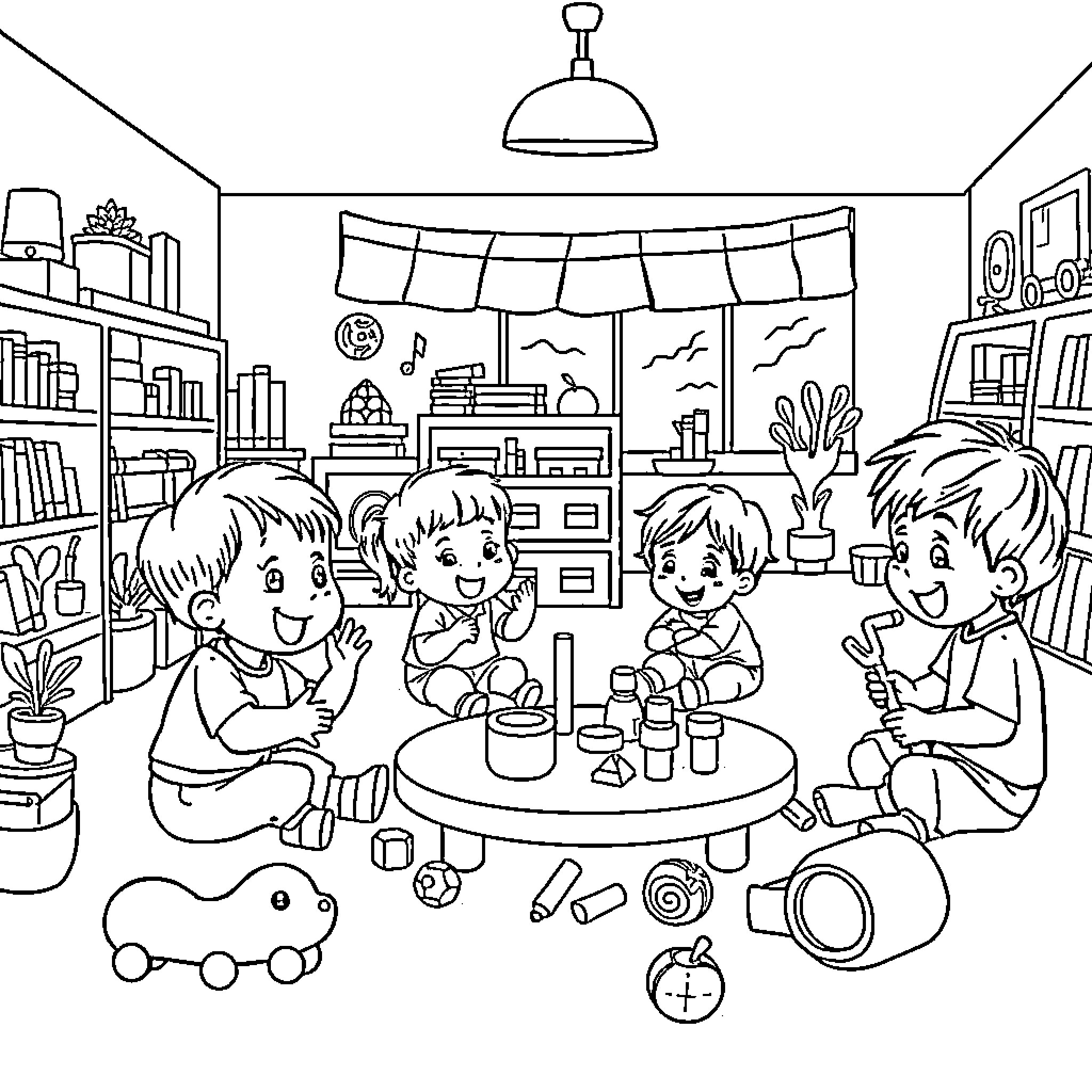Daycare children playing and exploring in classroom Coloring Page (free black-and-white line drawing printable PDF for all, from beginners to advanced learners, including children, teens, adults, and seniors)
