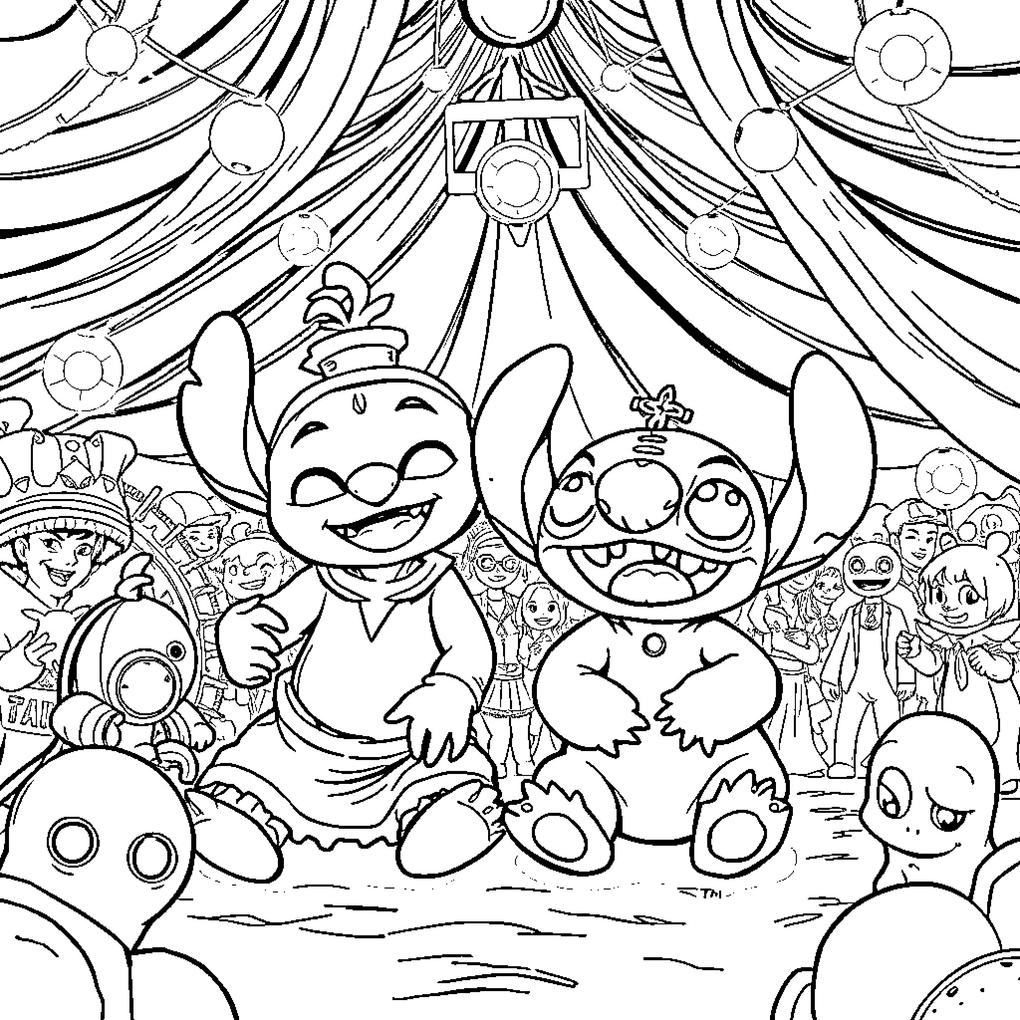 Circus characters in a whimsical scene Coloring Page (free black-and-white line drawing printable PDF for all, from beginners to advanced learners, including children, teens, adults, and seniors)