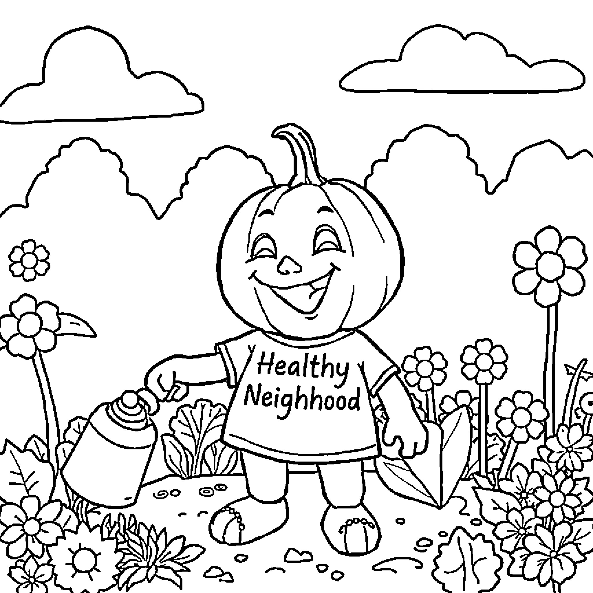 Pumpkin character promoting healthy neighborhood Coloring Page (free black-and-white line drawing printable PDF for all, from beginners to advanced learners, including children, teens, adults, and seniors)